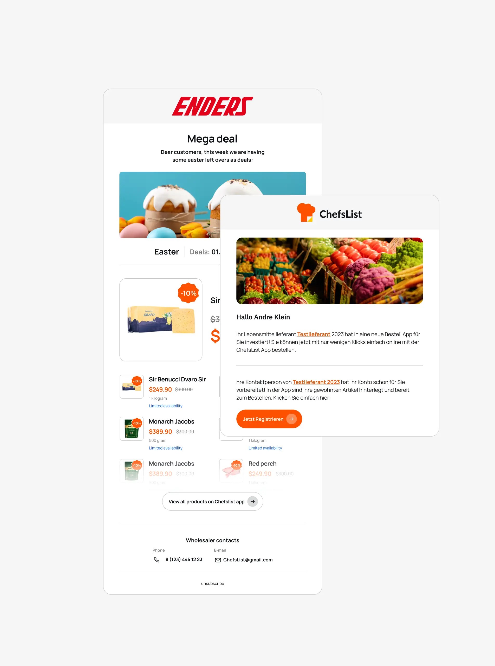 ChefsList email templates: Enders Mega deal newsletter and a ChefsList invitation email