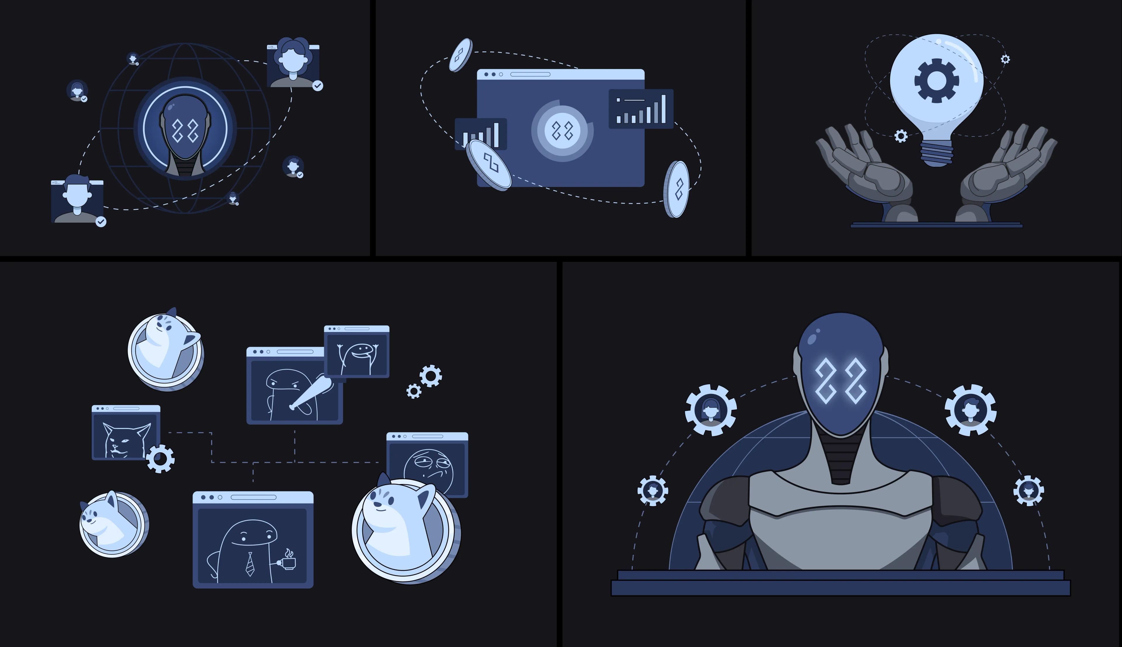 Robot Figure spot illustrations: community globe, token dashboard, idea bulb, memes, mascot