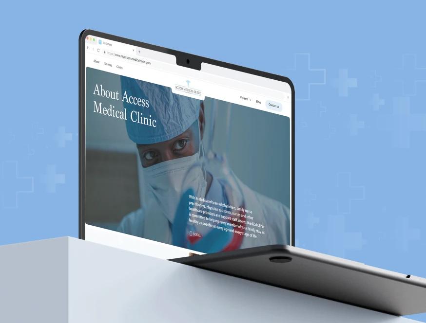 Access Medical Clinic website on a laptop: About page with a surgeon in mask and scrubs