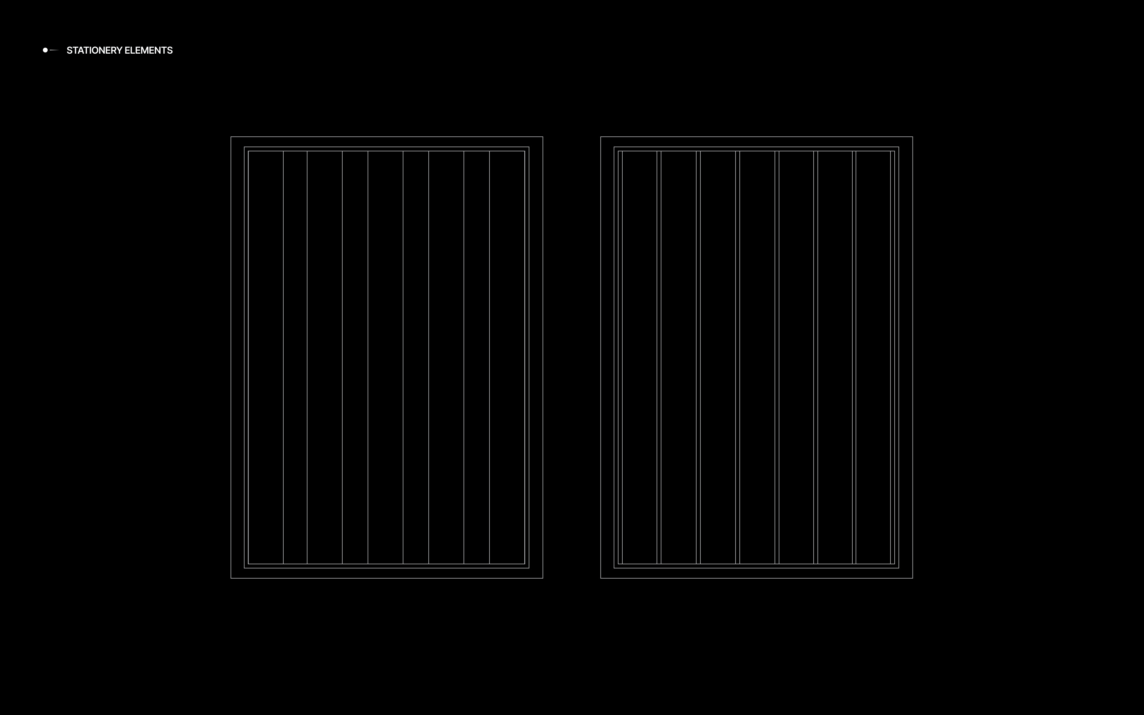 Basesite stationery elements: two line-drawn page layout grids on black