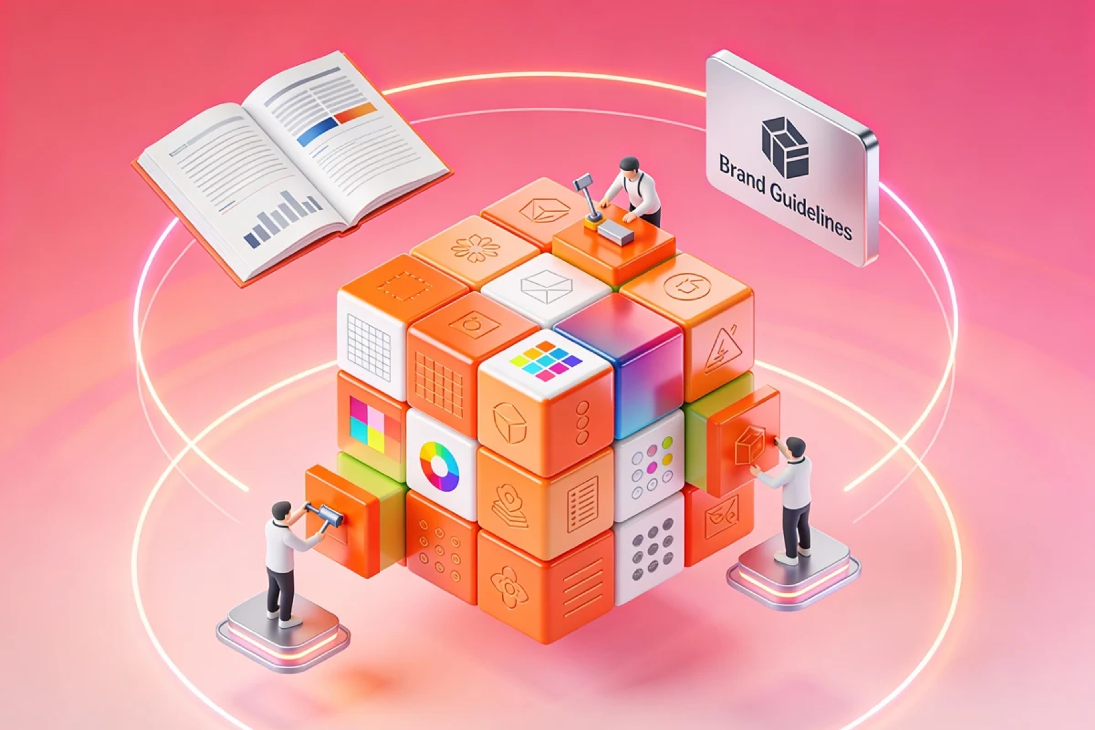 Isometric illustration of a brand system built from modular blocks, with designers assembling elements and a “Brand Guidelines” panel.
