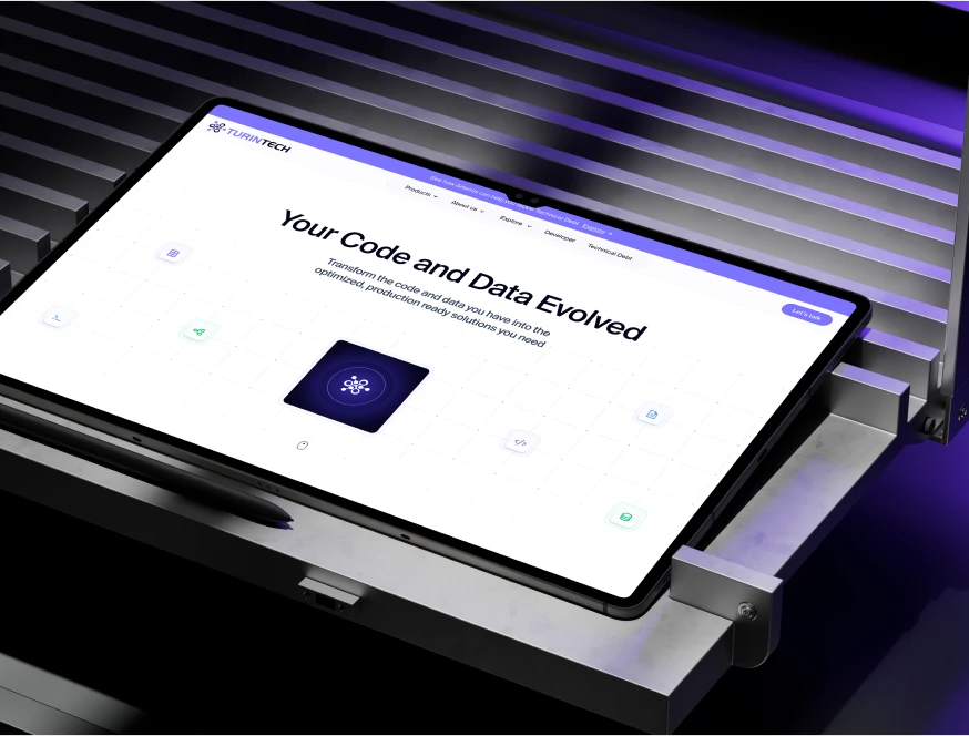 TurinTech website on a tablet: “Your Code and Data Evolved” homepage with feature icons