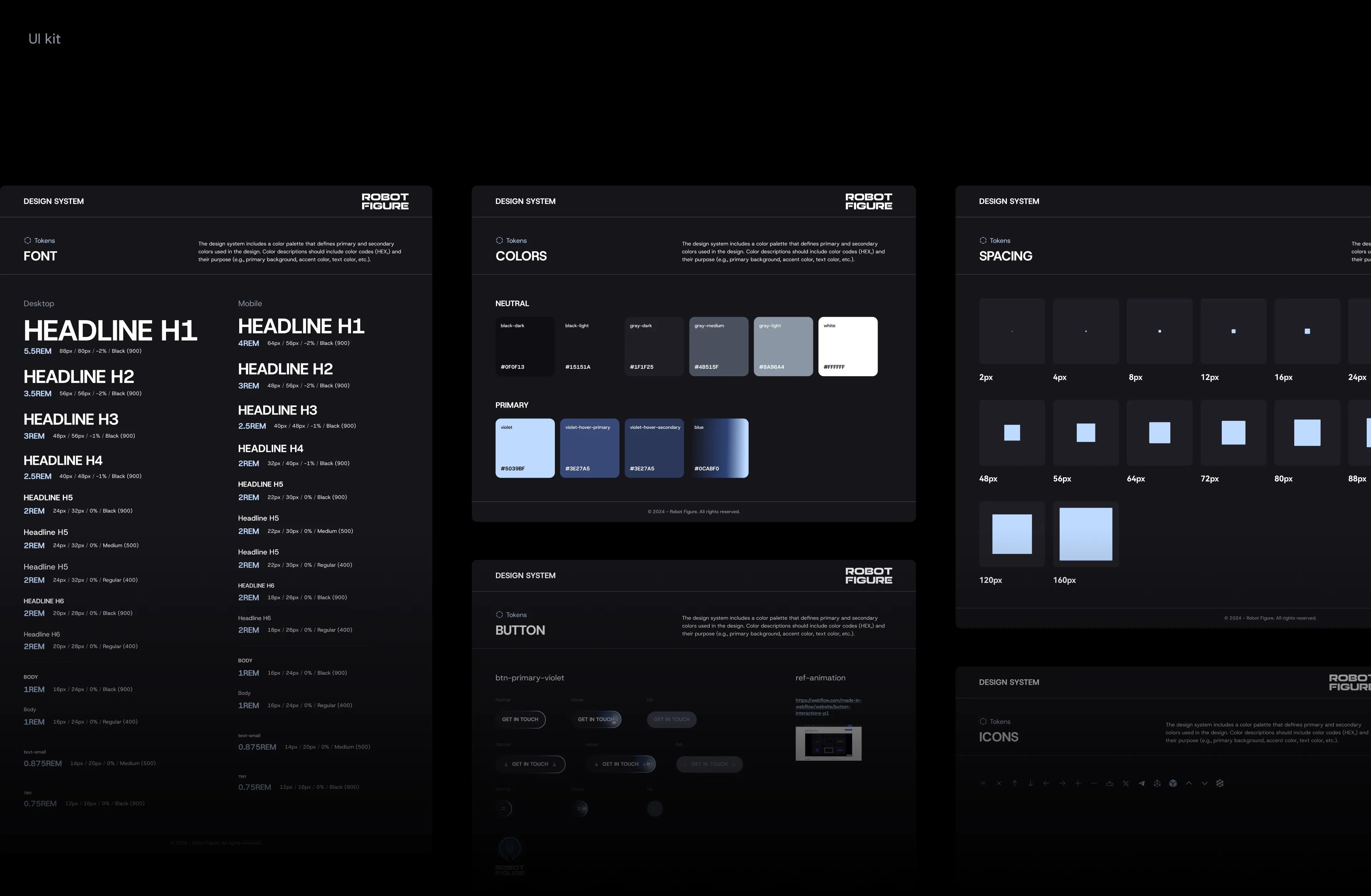 Robot Figure UI kit: font scale, color tokens, spacing, button and icon design-system boards