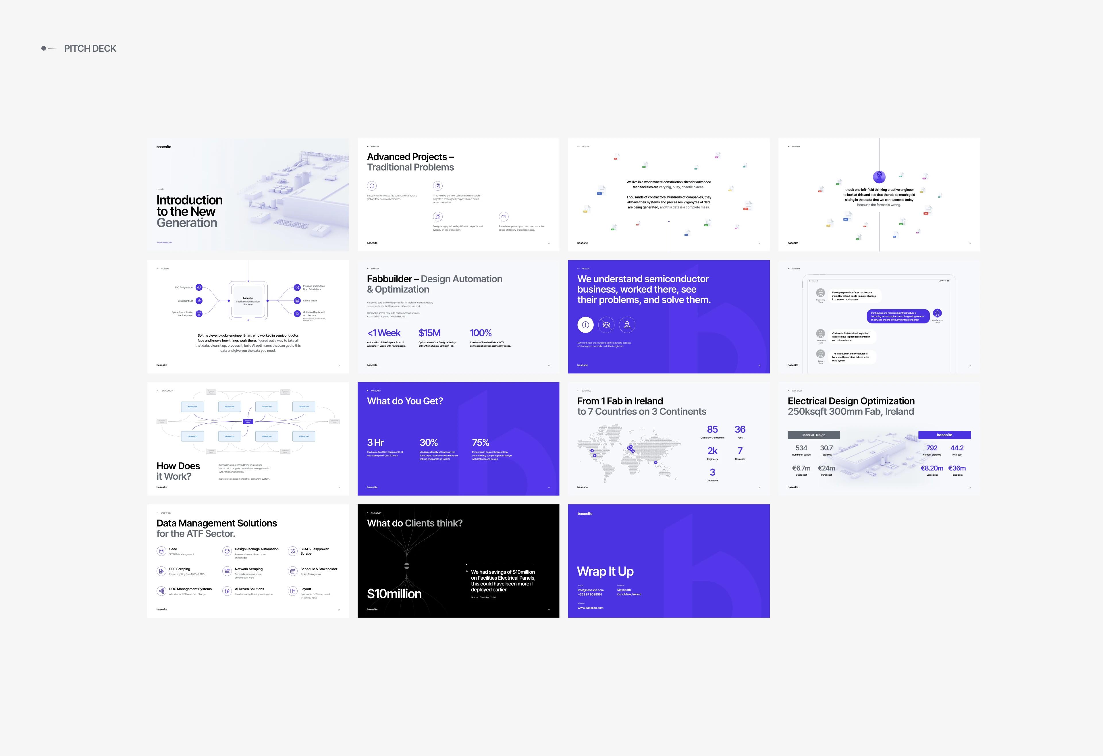 Basesite pitch deck: grid of 15 slides in violet, white and black