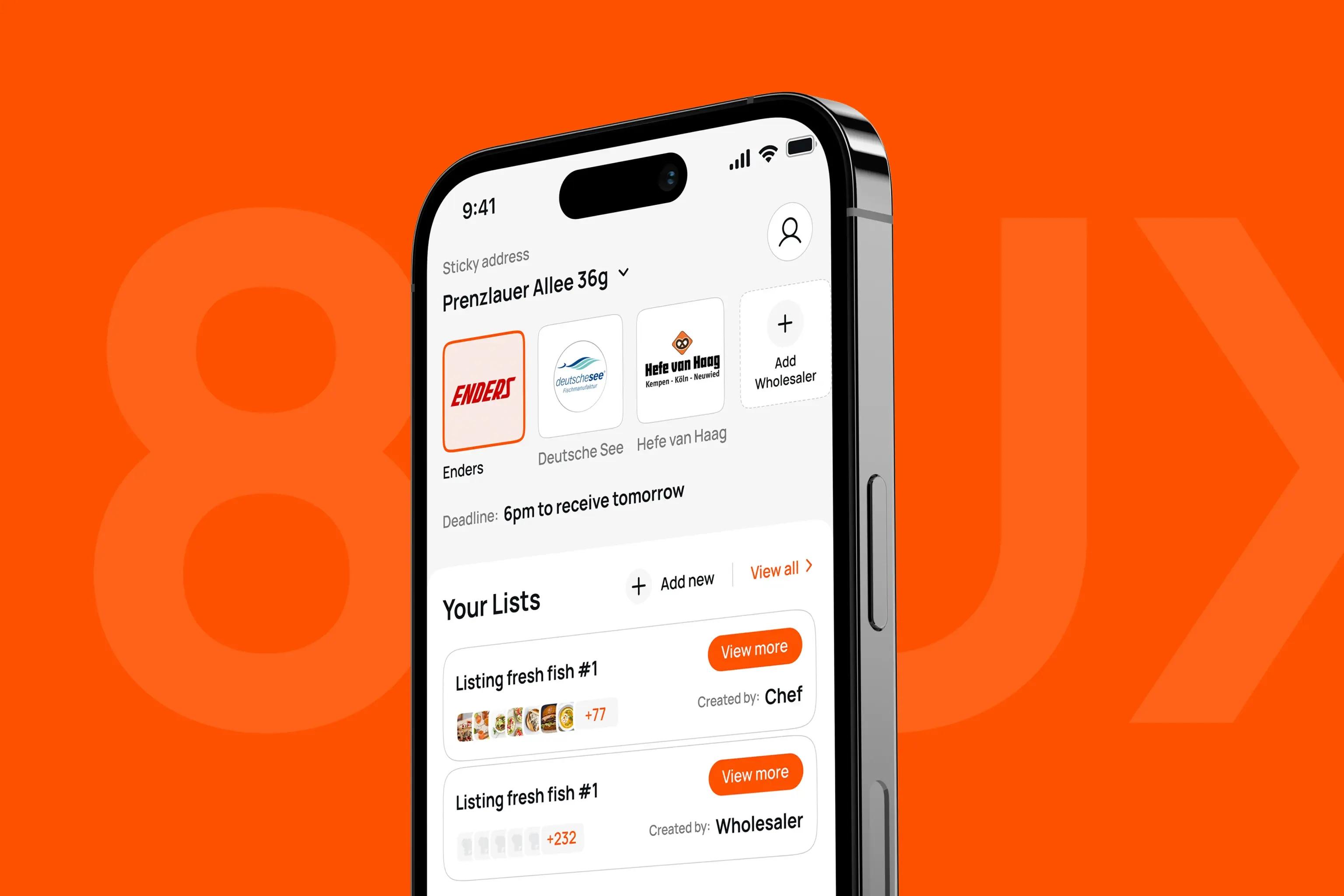 Modern mobile app interface on orange background demonstrating UX best practices for order tracking and wholesaler integration.