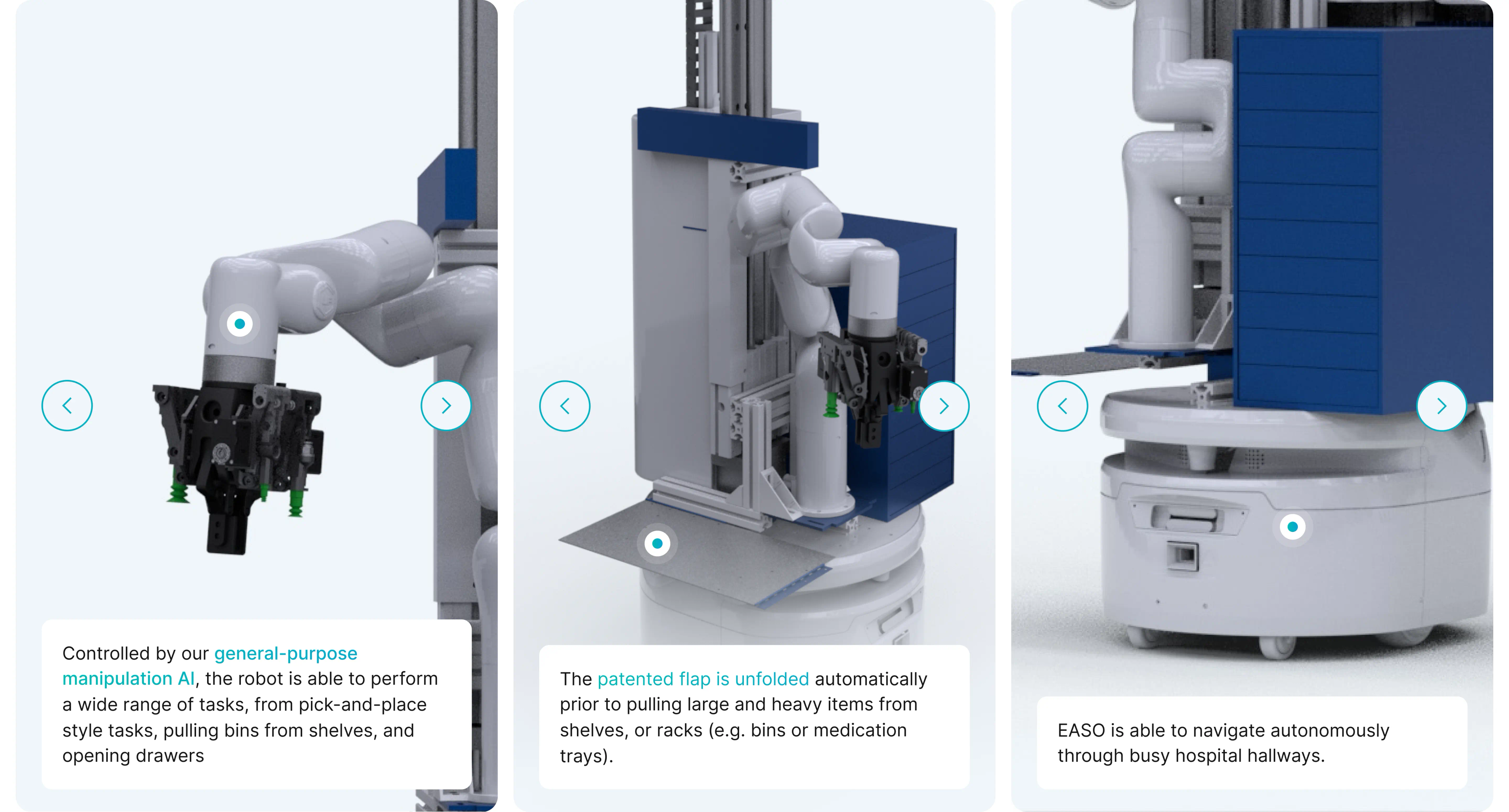 Emancro product carousel cards explaining the EASO robot's manipulation AI, unfolding flap and navigation