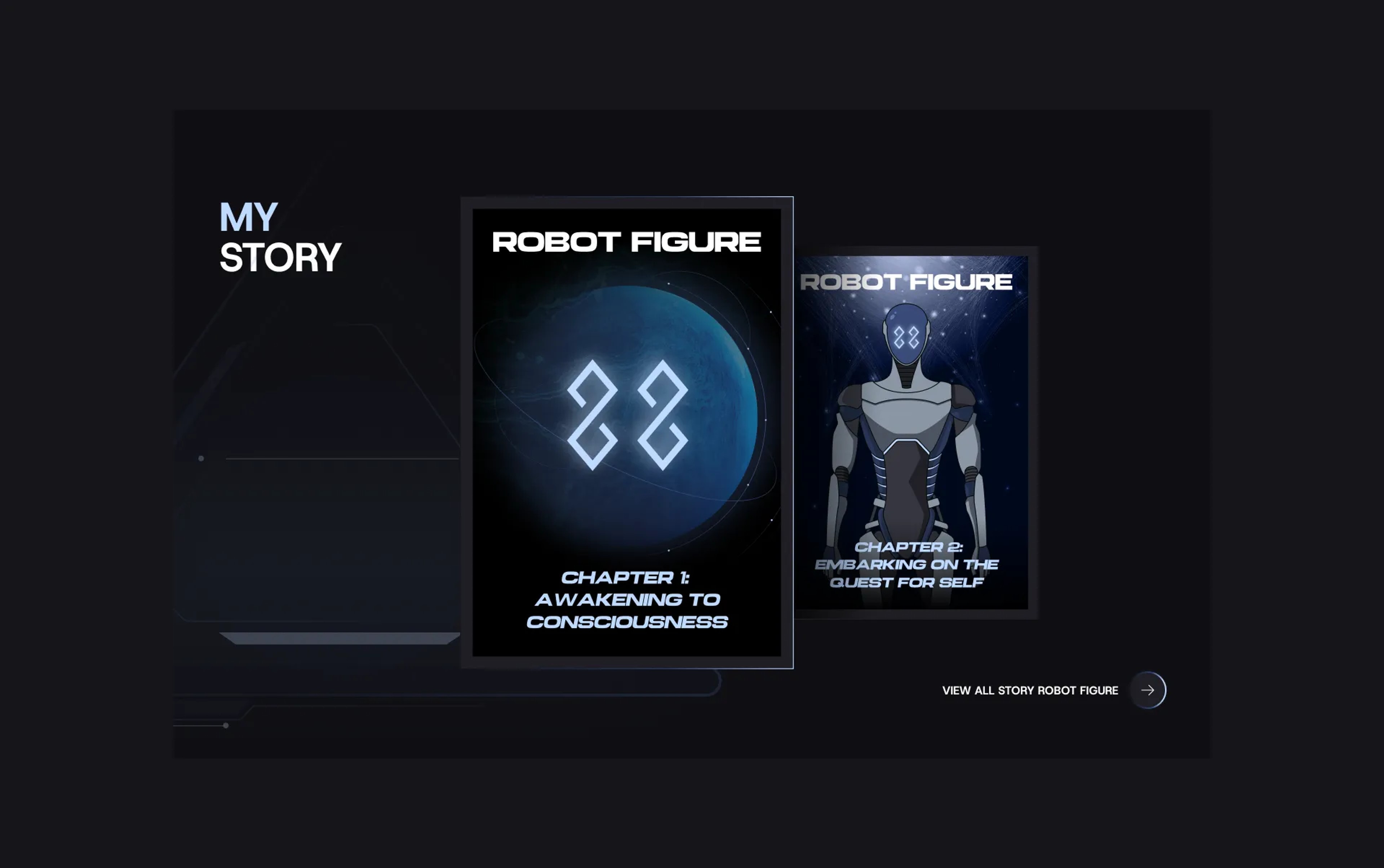 Robot Figure website "My Story" section with chapter 1 and 2 comic-style story cards