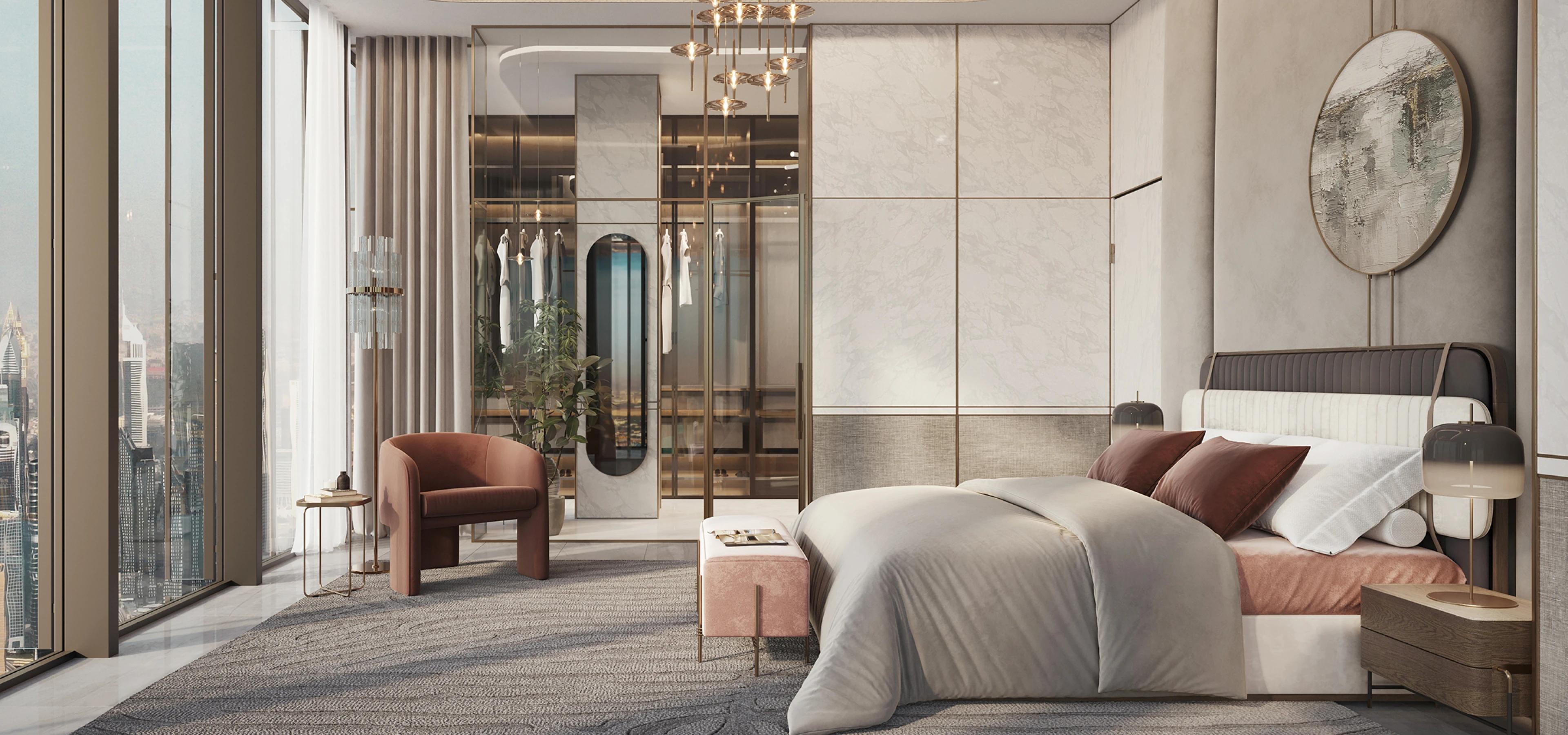 Refined Luxury bedroom render with city-view windows, walk-in closet and terracotta accents