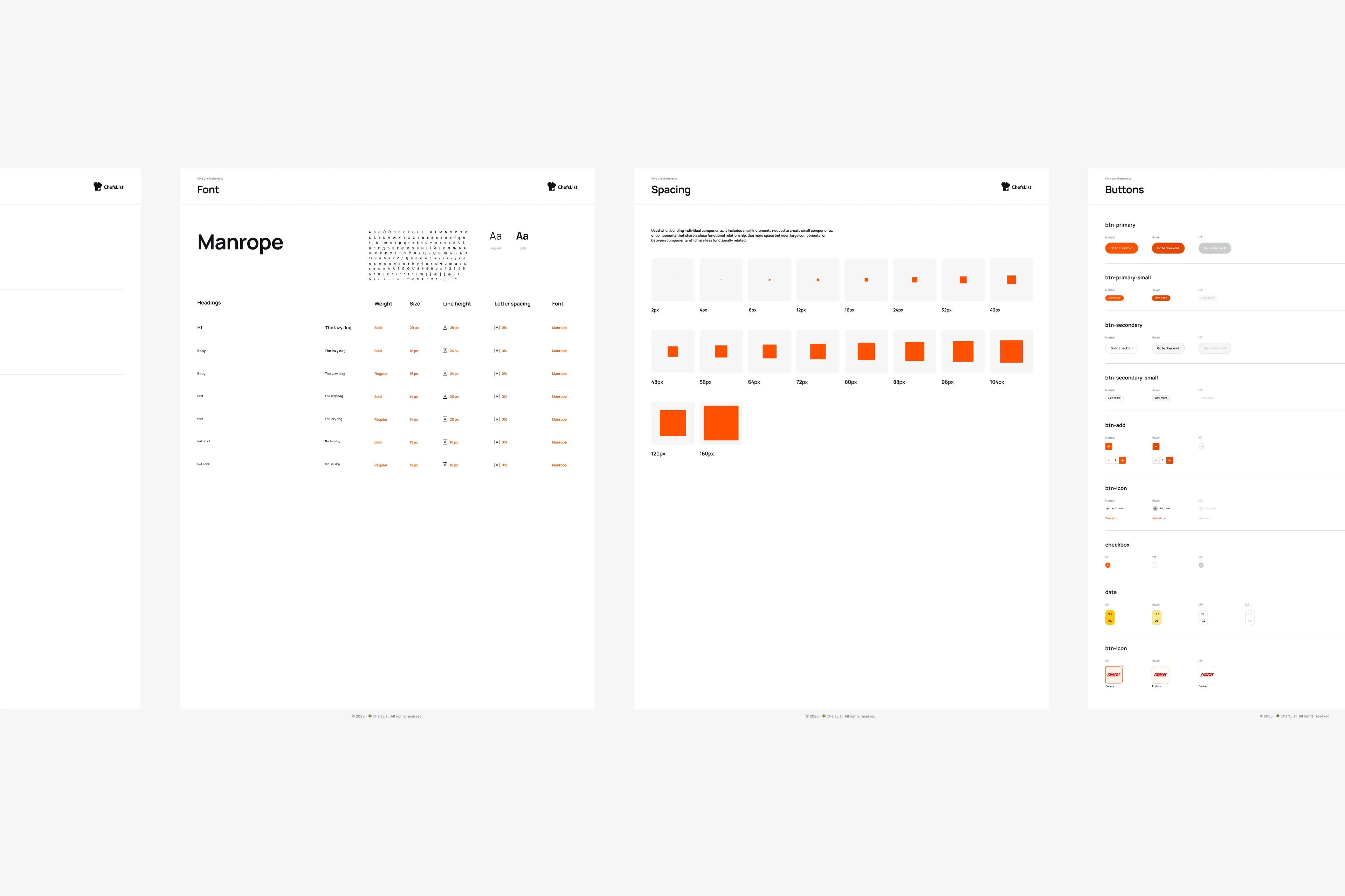 ChefsList design system pages for font, spacing and buttons