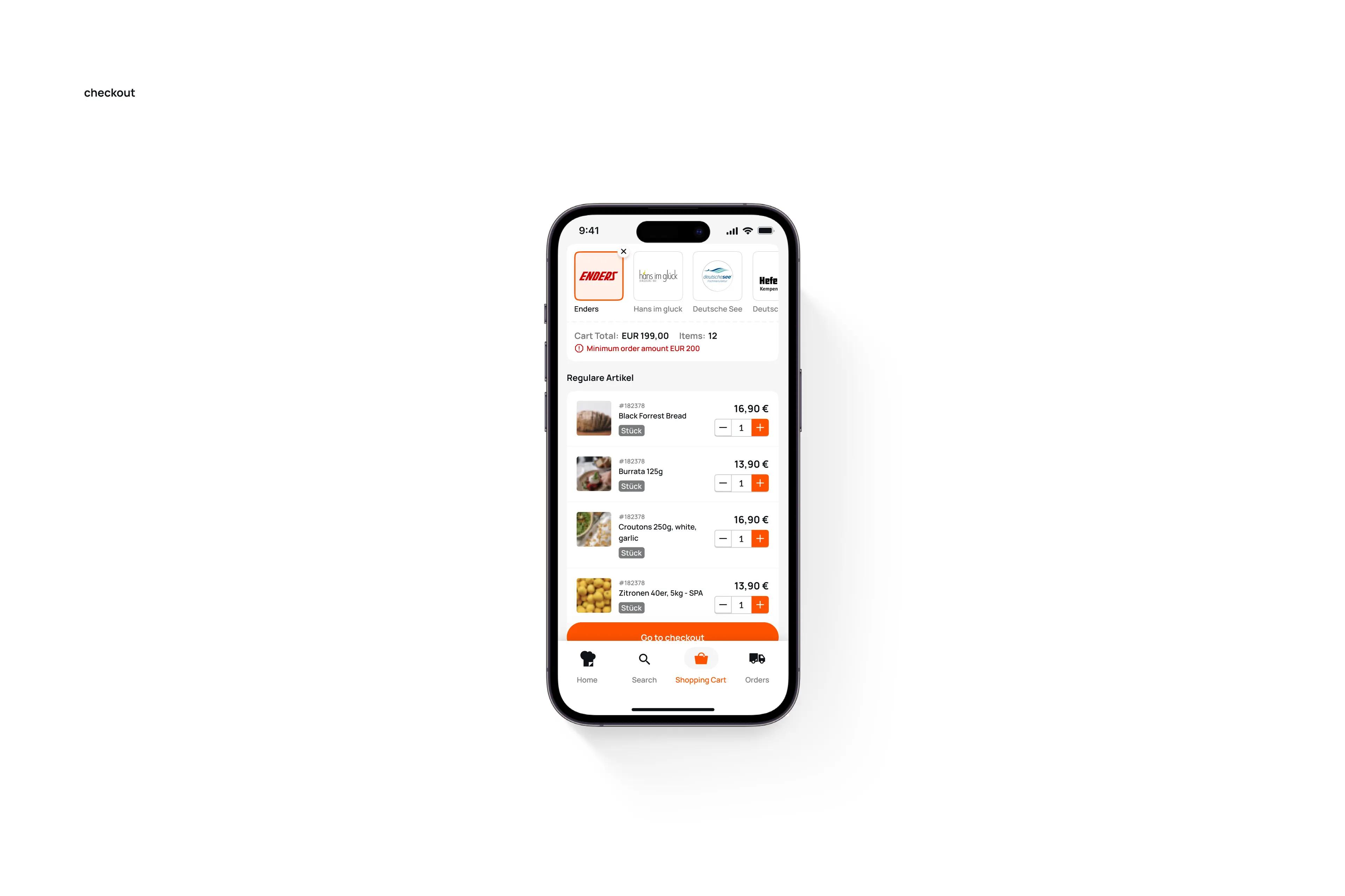 ChefsList checkout screen on an iPhone listing regular items, prices and quantity controls