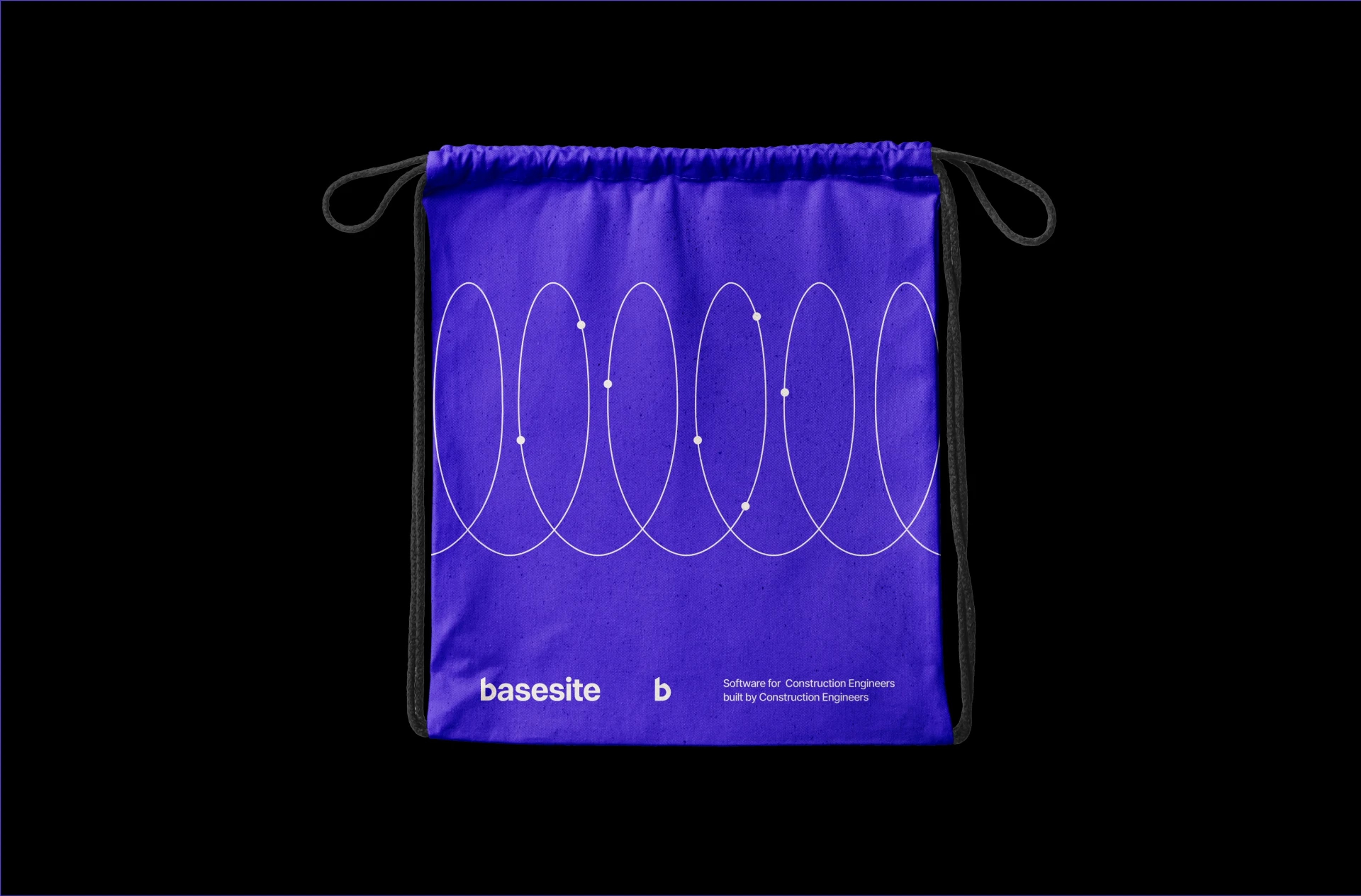 Violet Basesite drawstring bag with looping line graphic and logo