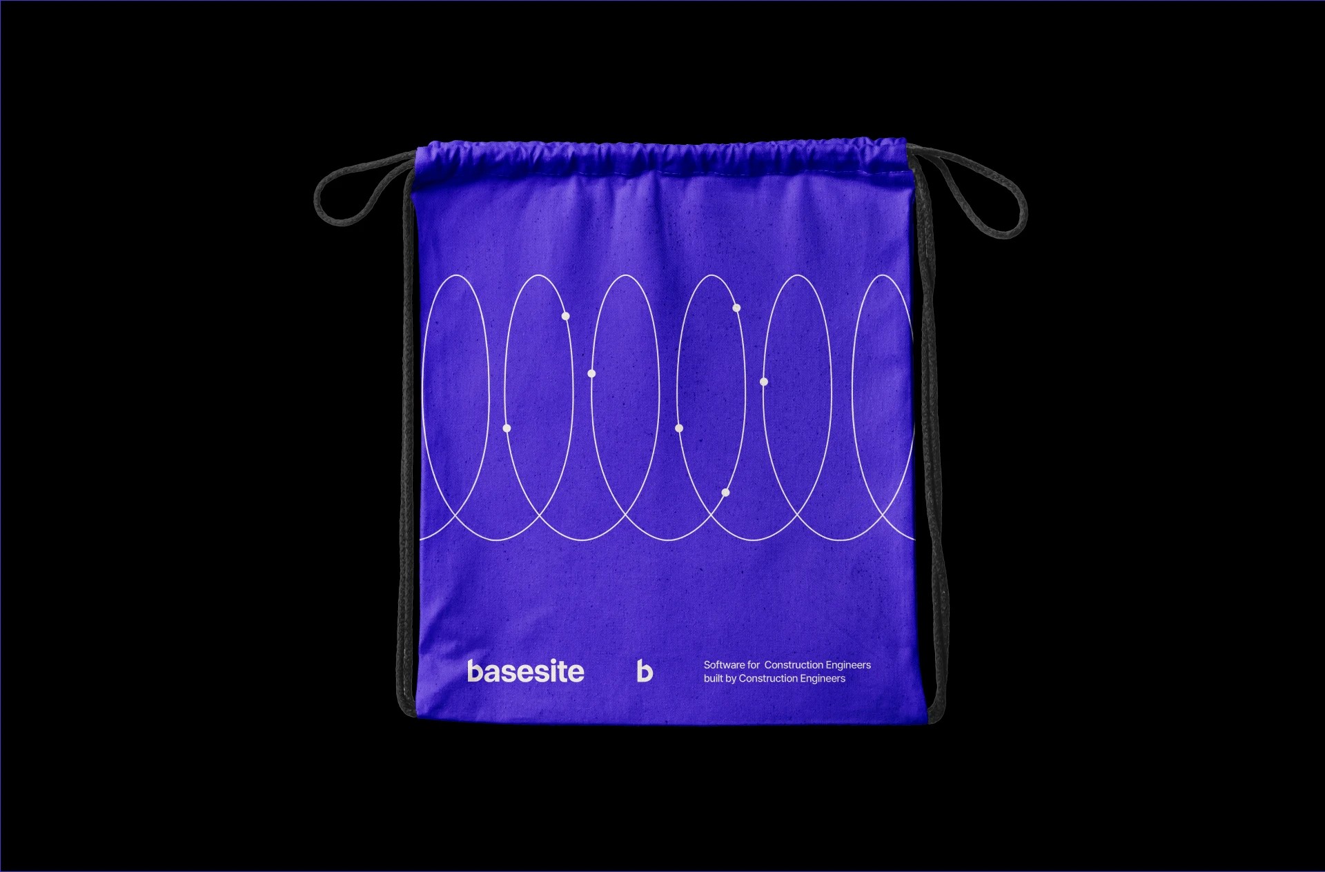 Violet Basesite drawstring bag with looping line graphic and logo