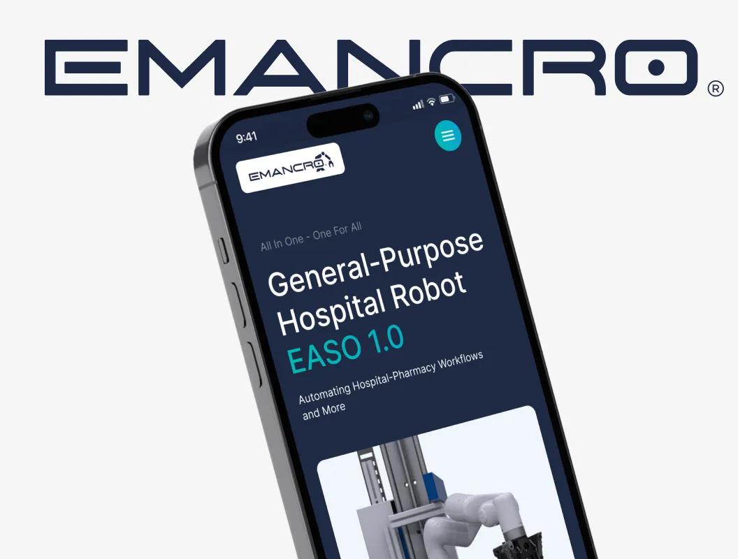 Creative studio mobile website displaying hospital robot product design and development services.