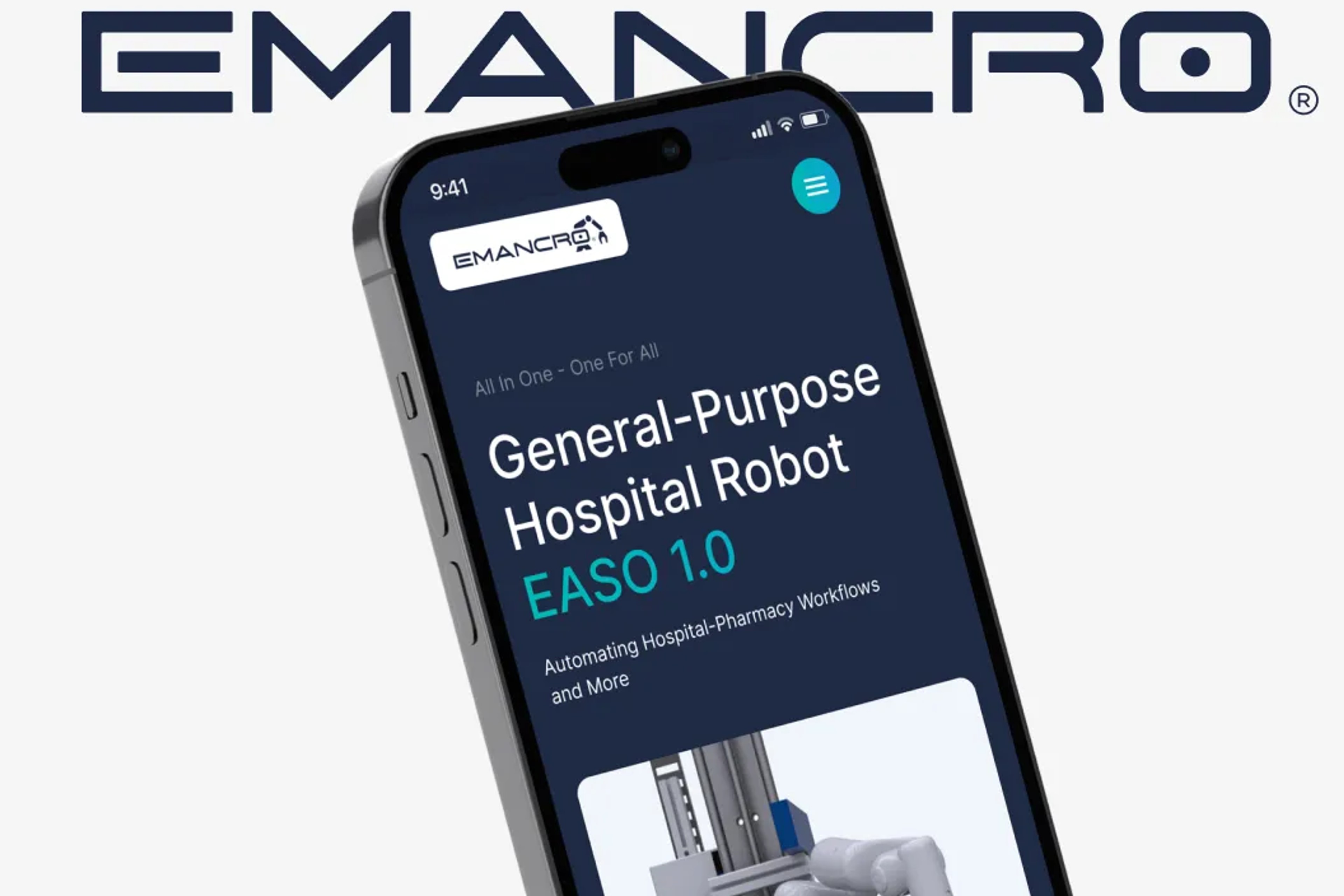 Creative studio mobile website displaying hospital robot product design and development services.