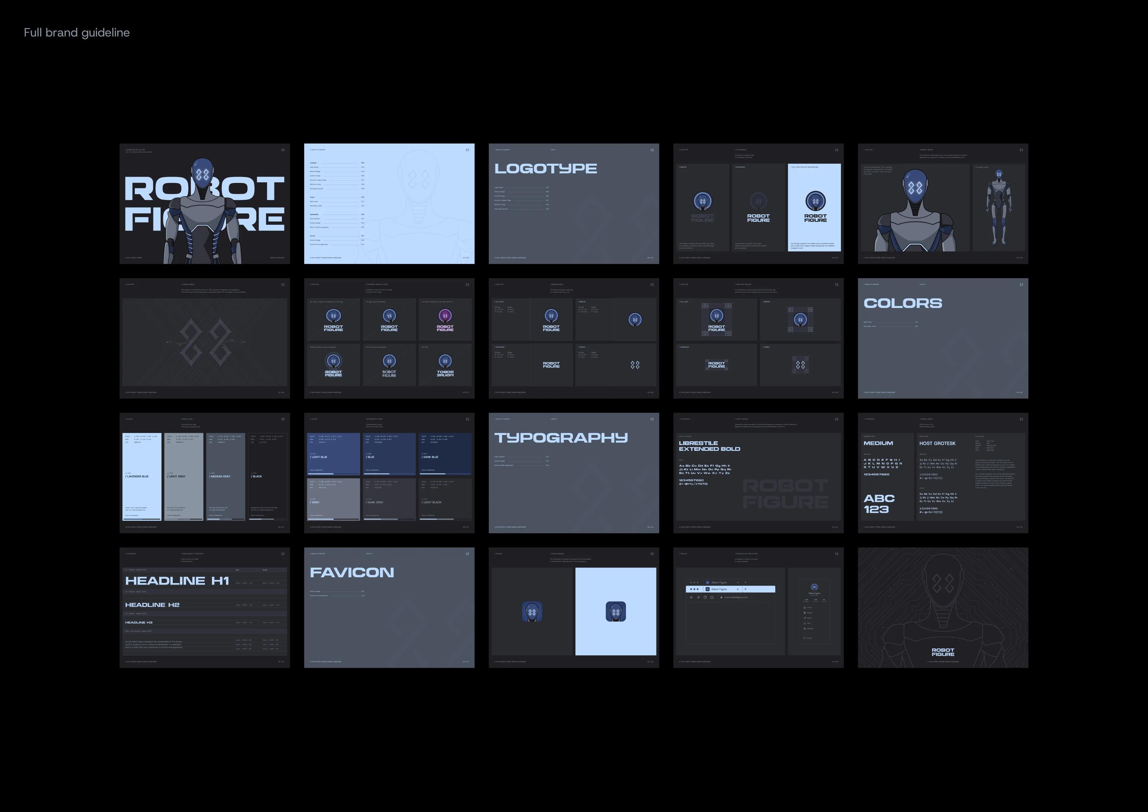 Robot Figure brand guideline overview: 20 pages covering logotype, colors, typography, favicon