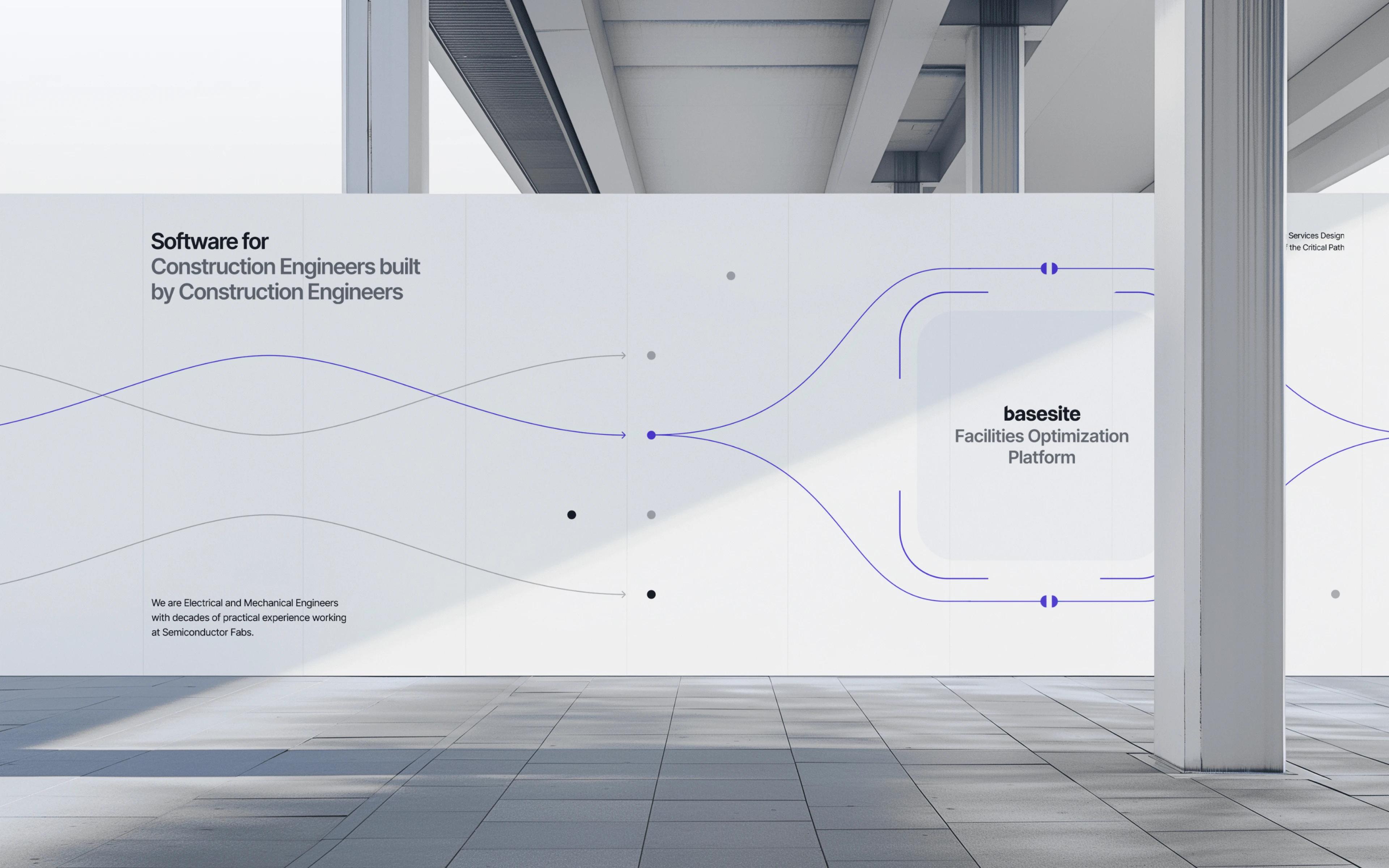 Basesite billboard wall: "Software for Construction Engineers built by Construction Engineers" with flow-line graphics