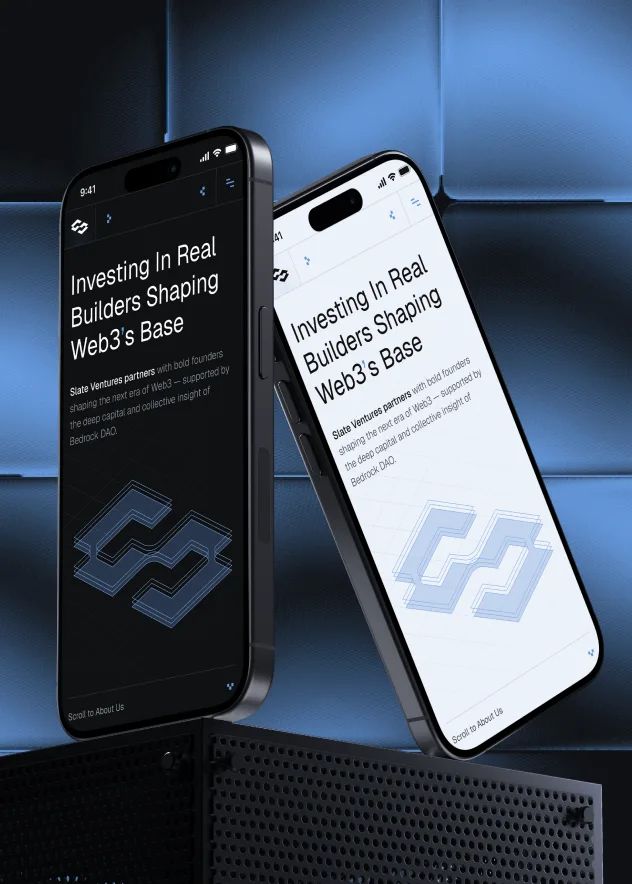 Two smartphones showing Slate Ventures' Web3-focused homepage.