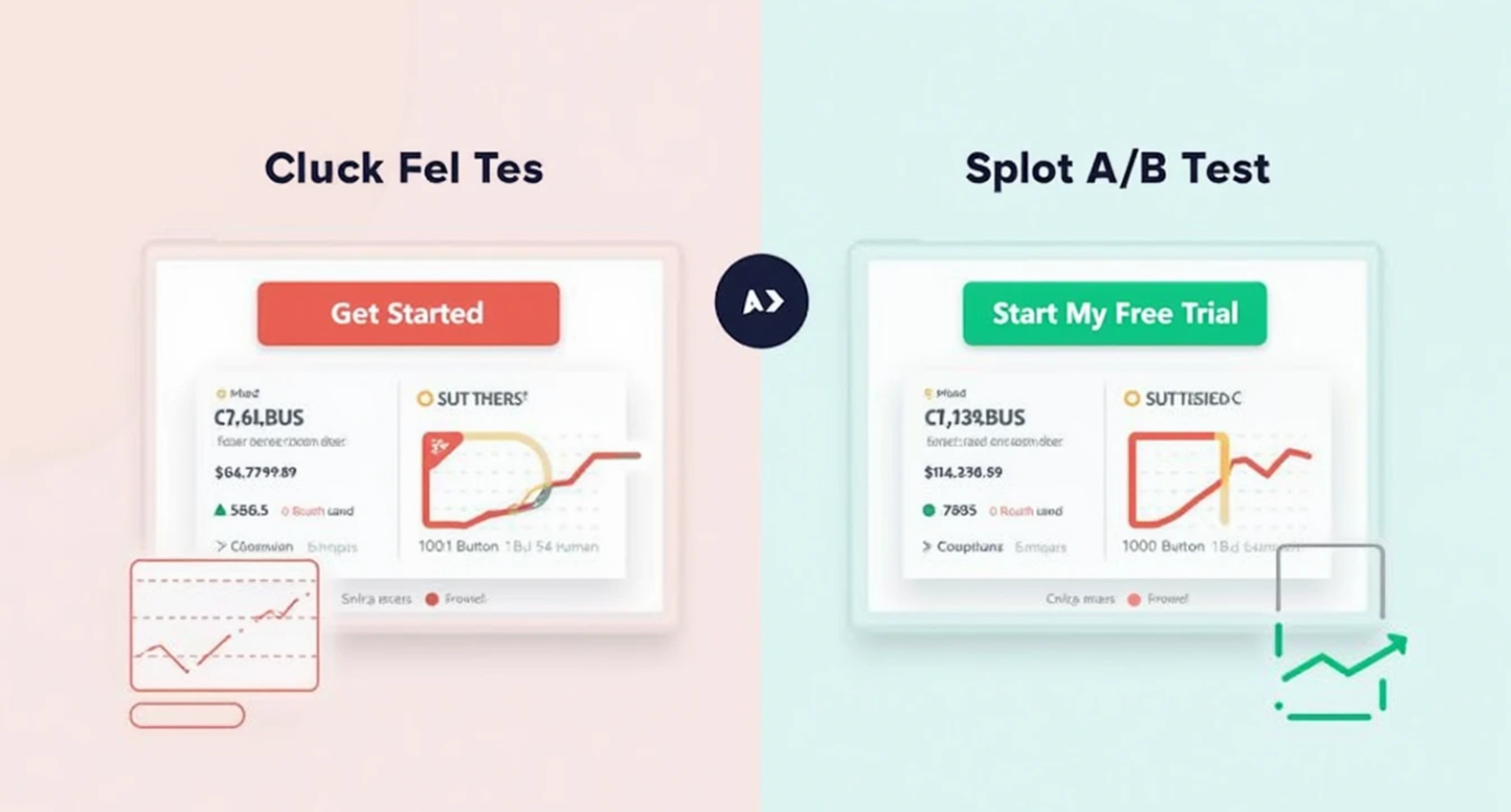 A/B test comparing two landing page CTA buttons with results charts