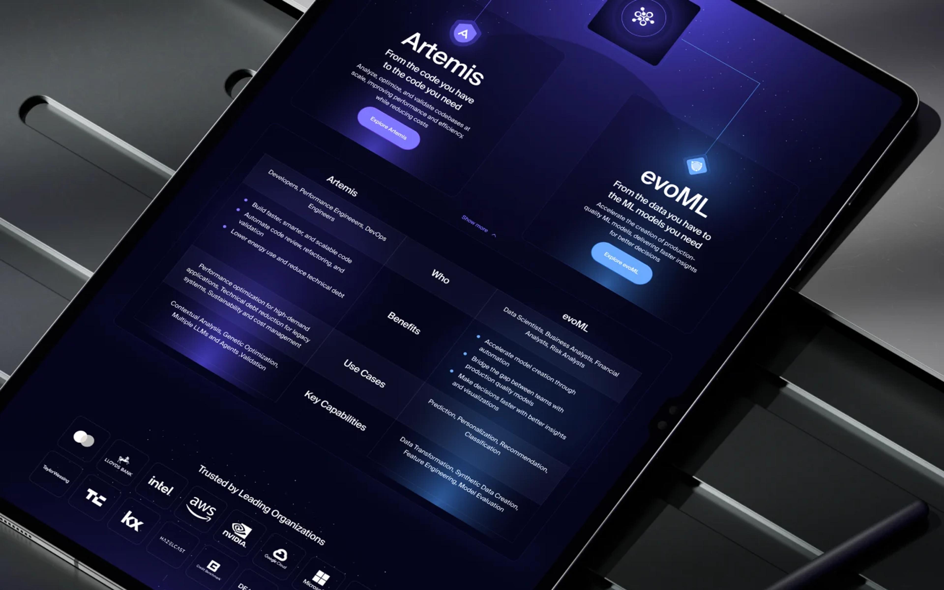 Dark-themed website interface featuring Artemis and evoML product sections with partner logos.