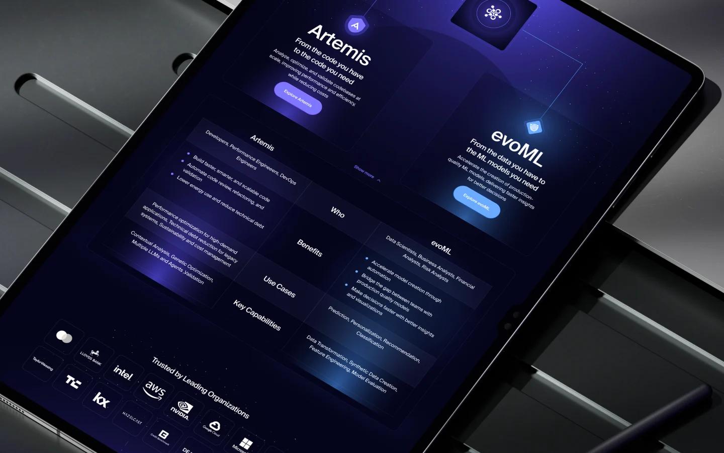Dark-themed website interface featuring Artemis and evoML product sections with partner logos.