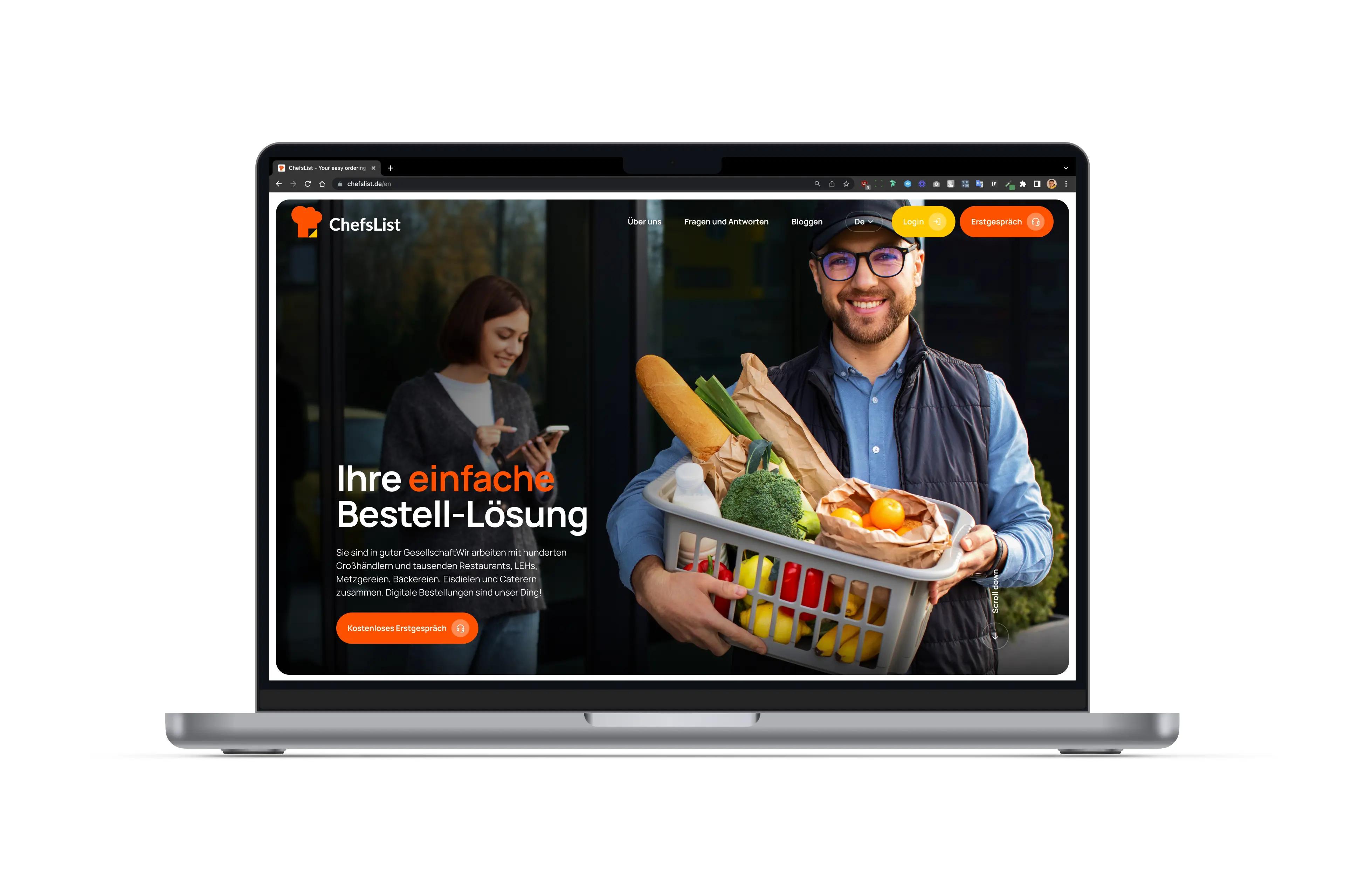 ChefsList website hero on a MacBook: Ihre einfache Bestell-Lösung with a courier holding groceries