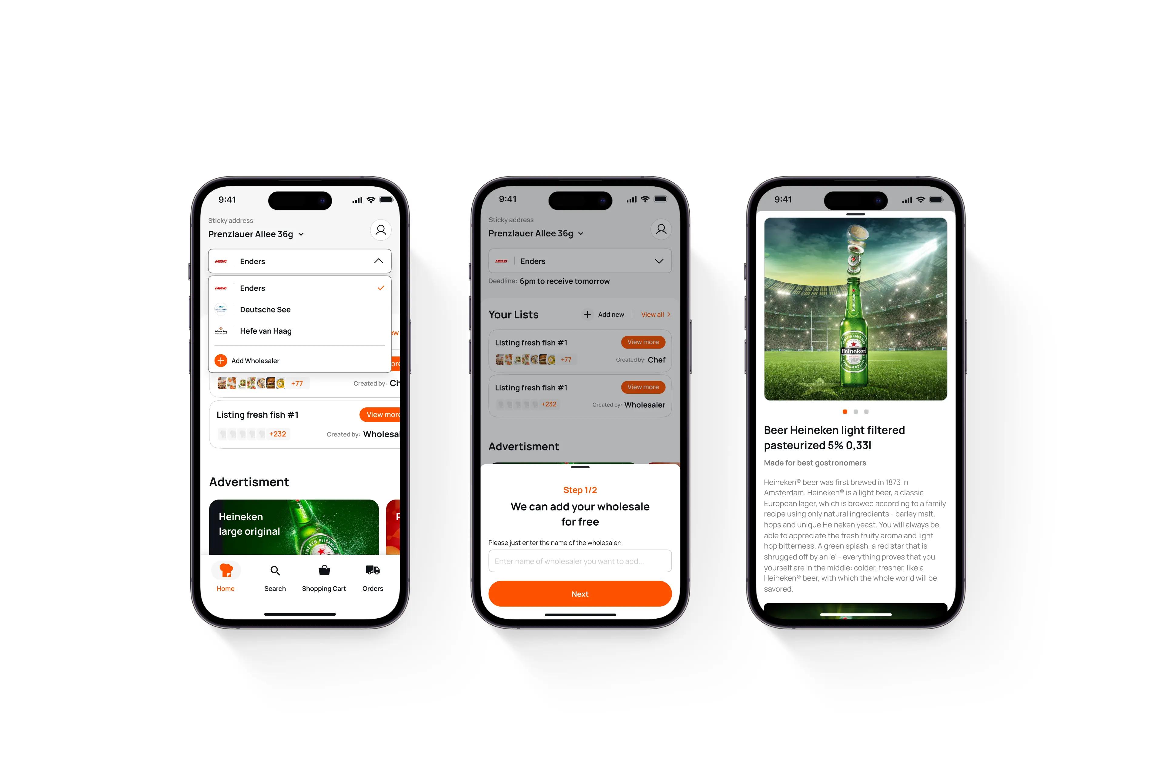 Three ChefsList app screens: wholesaler dropdown, add-wholesaler sheet and a Heineken product page