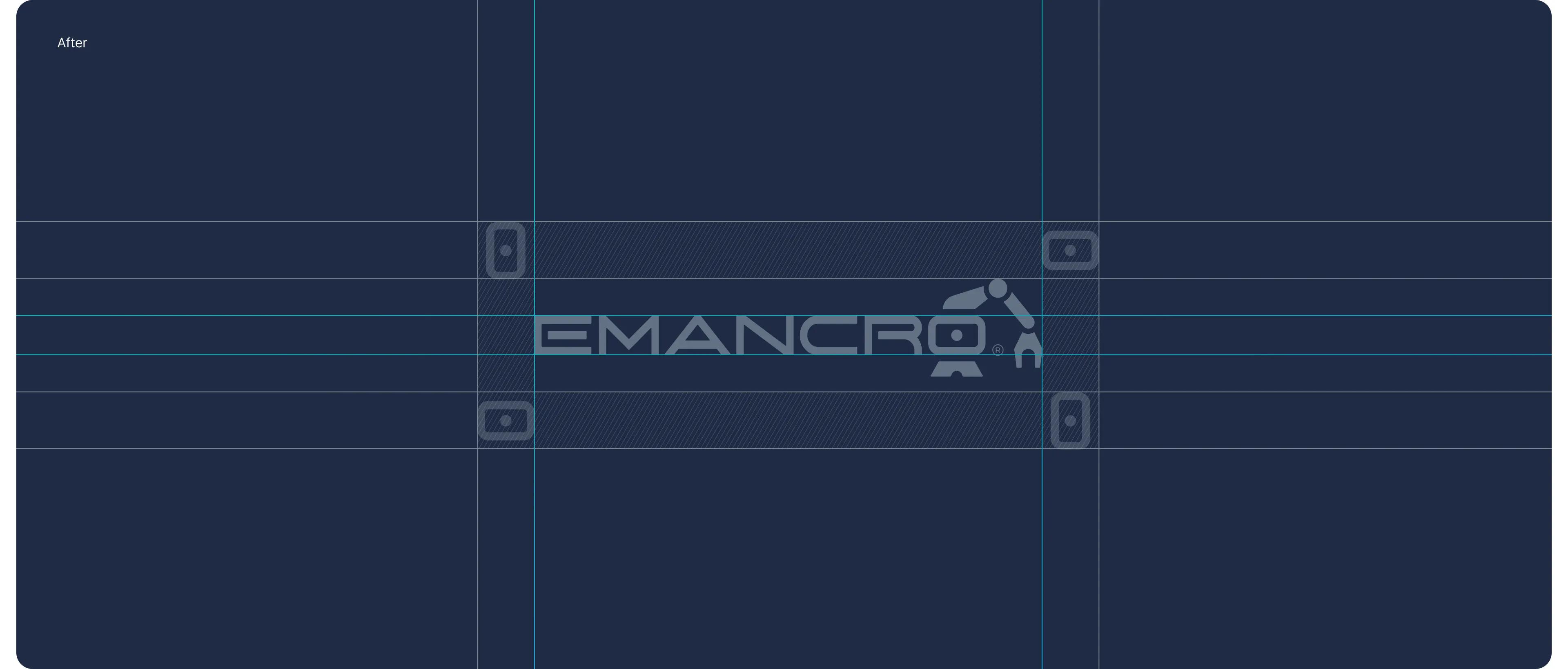 Redesigned Emancro logo on navy with construction grid and clear-space guides