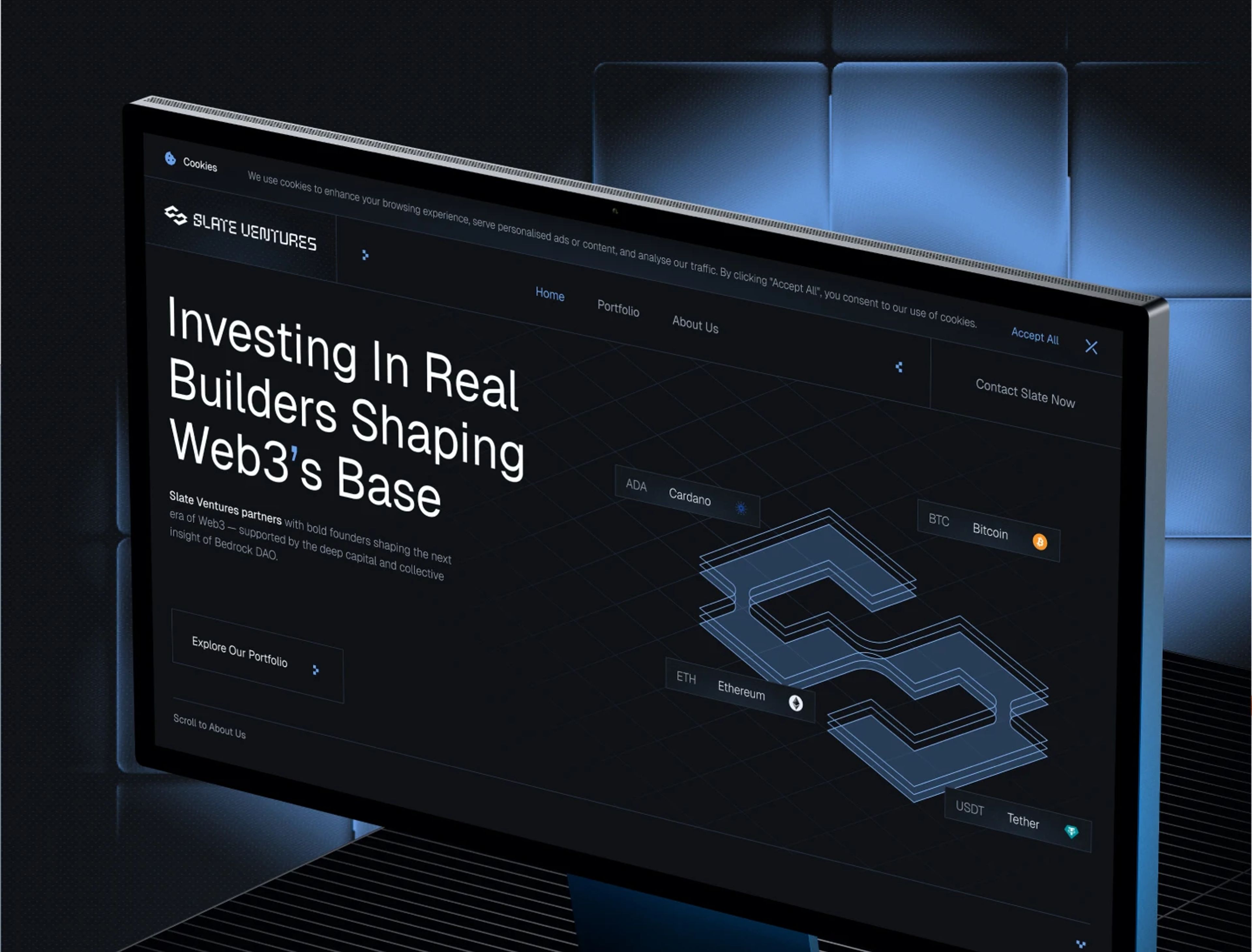 A modern desktop monitor displays the dark-themed Slate Ventures website with Web3 investment messaging, 3D blockchain network graphics, and cryptocurrency tags including Bitcoin, Ethereum, and Tether.