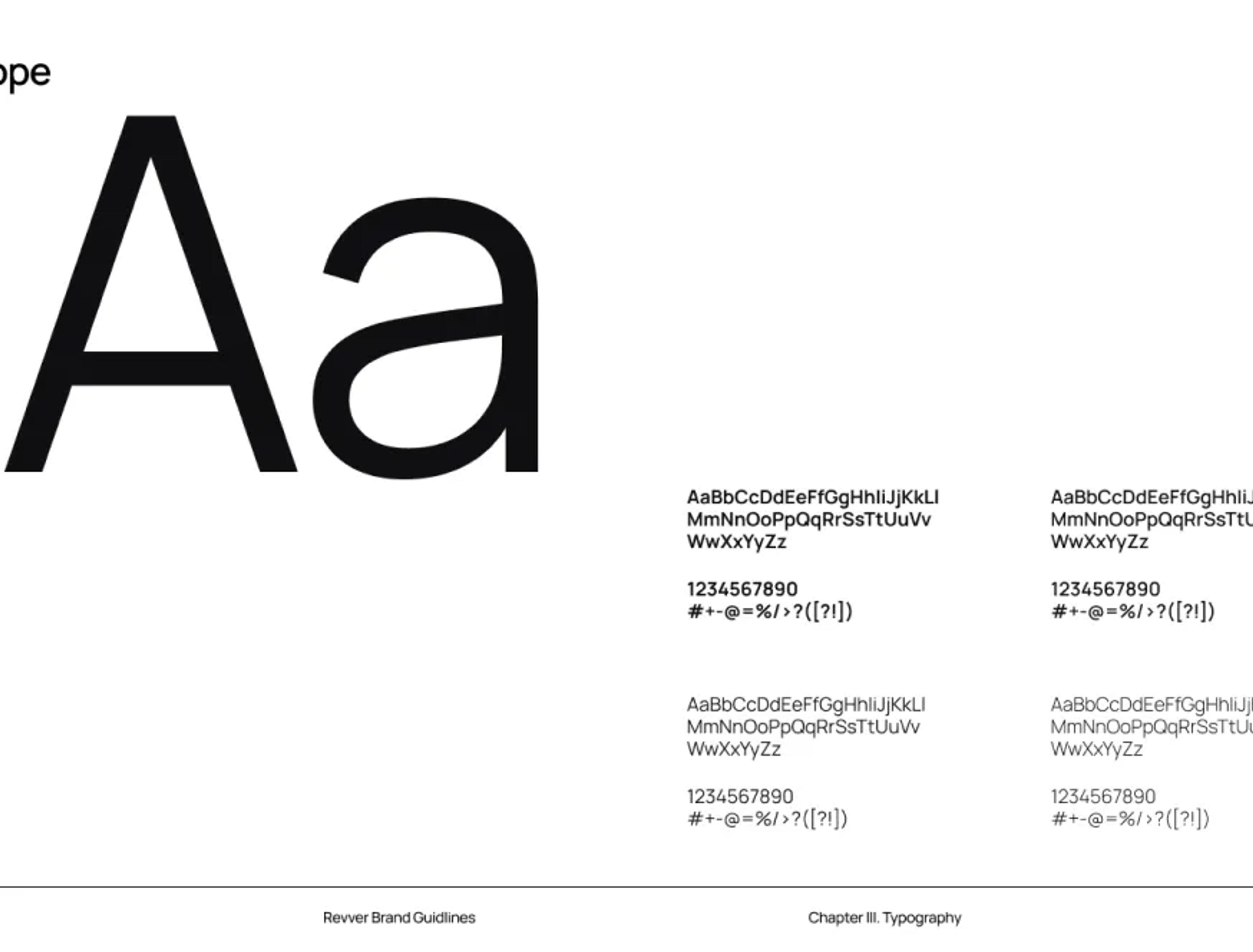 Revver brand guidelines typography page showing the 'Aa' typeface specimen