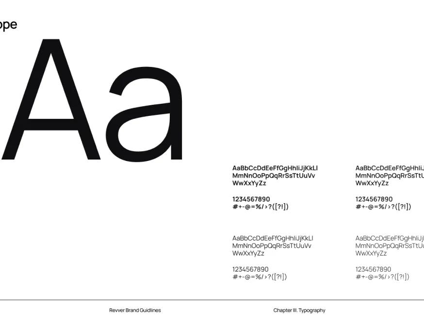 Revver brand guidelines typography page with large “Aa” and character sets