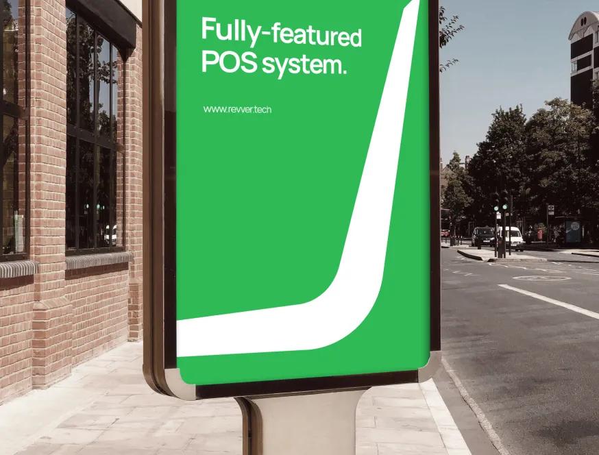 Revver street billboard: green poster reading “Fully-featured POS system.”