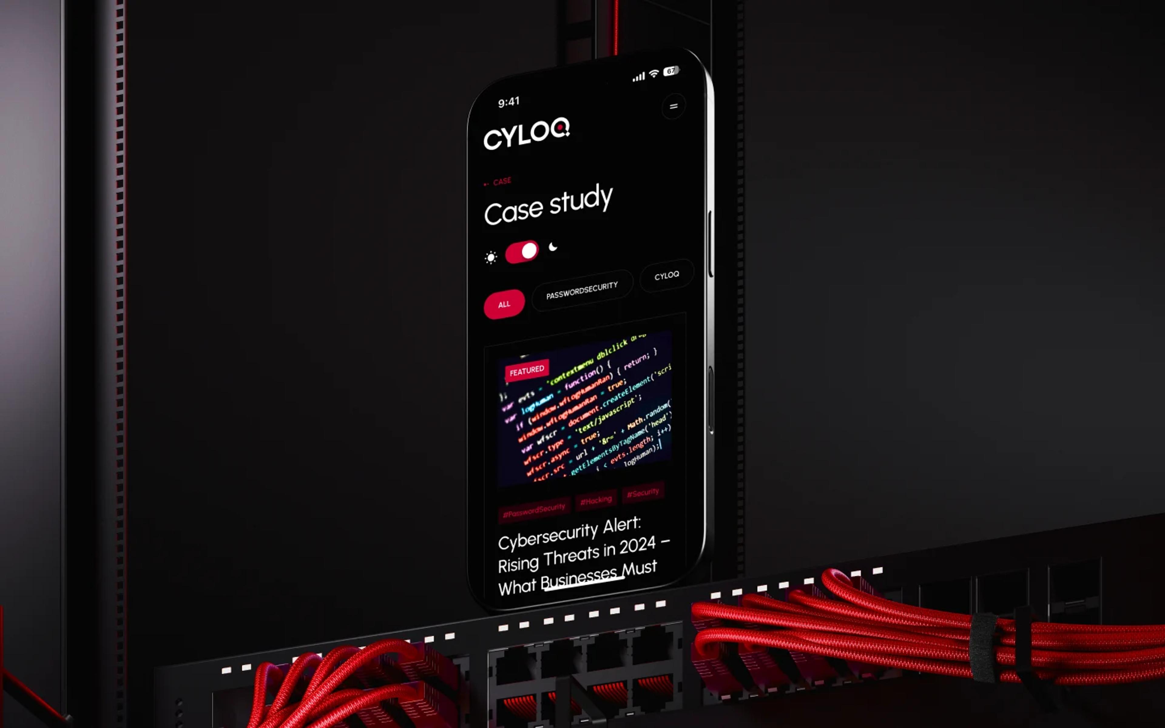 Cyloq cybersecurity mobile website design displayed in a server room environment with dark theme.
