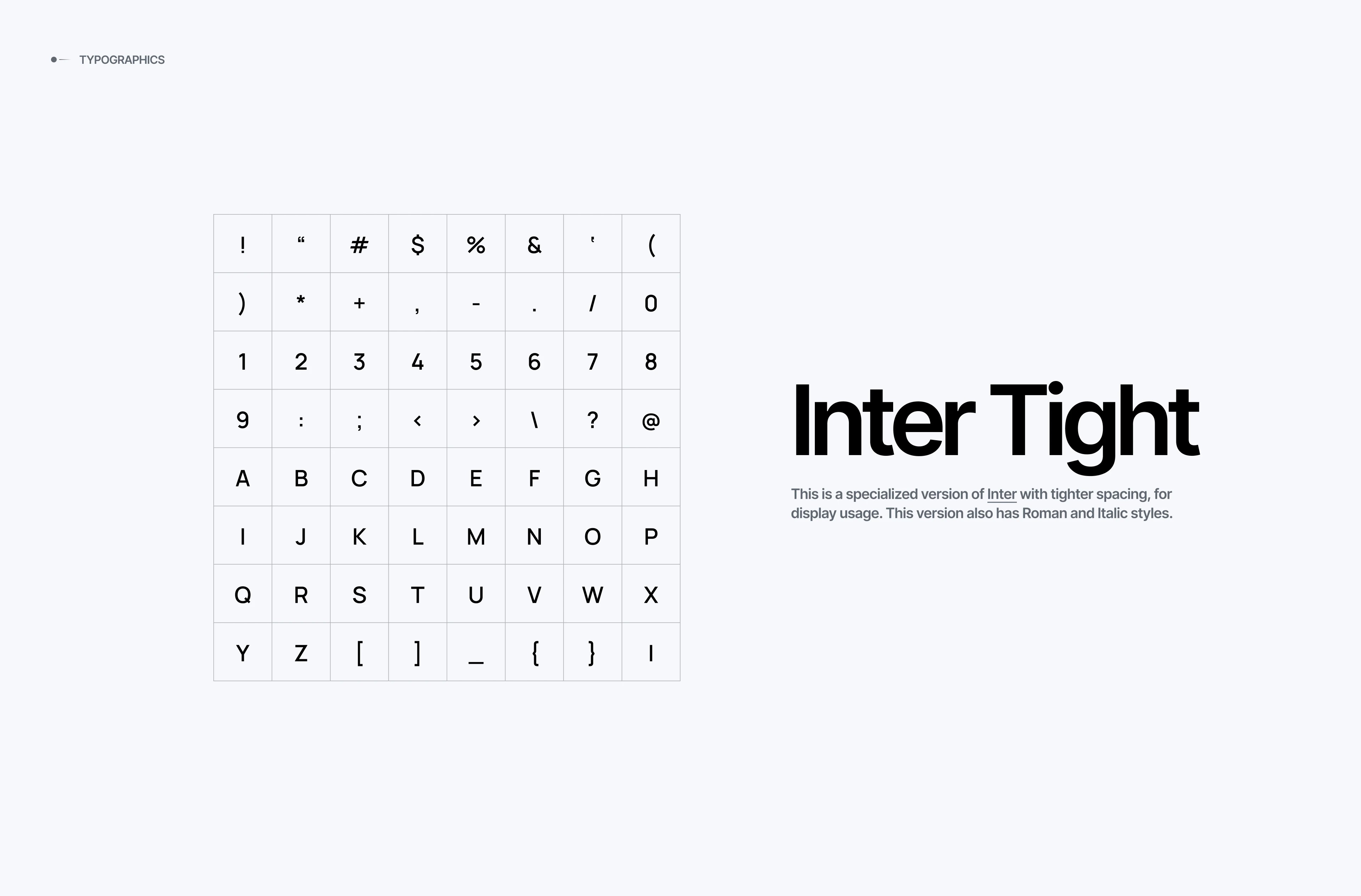 Basesite typography: Inter Tight specimen with a character grid
