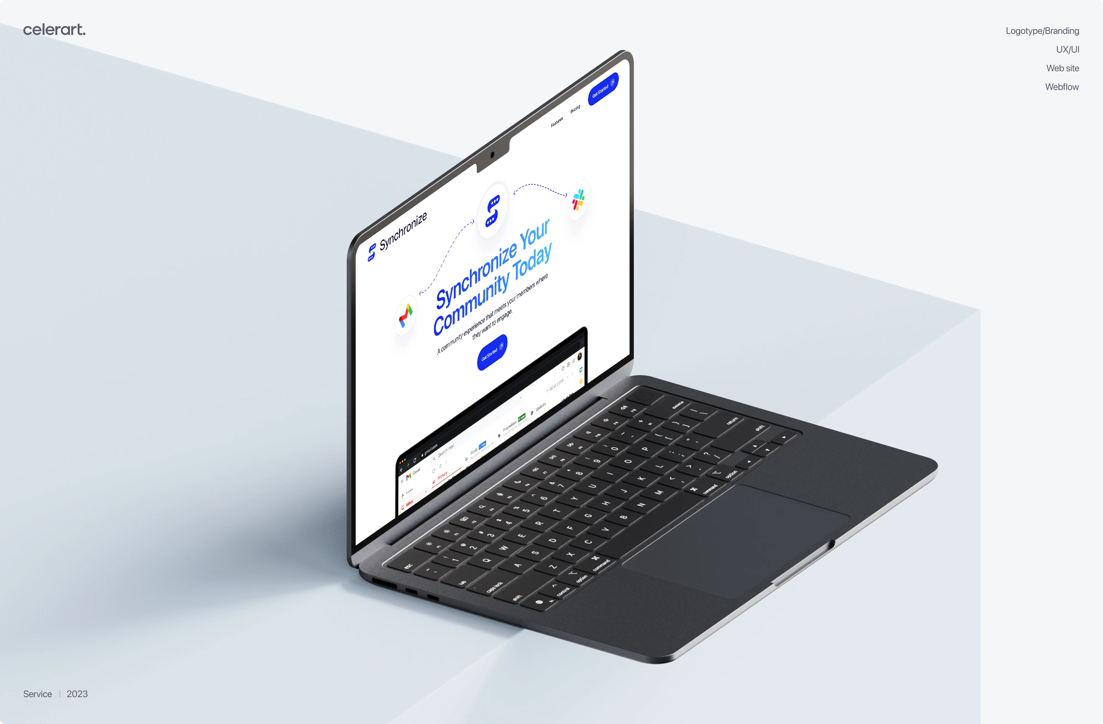 Synchronize website homepage 'Synchronize Your Community Today' on a laptop