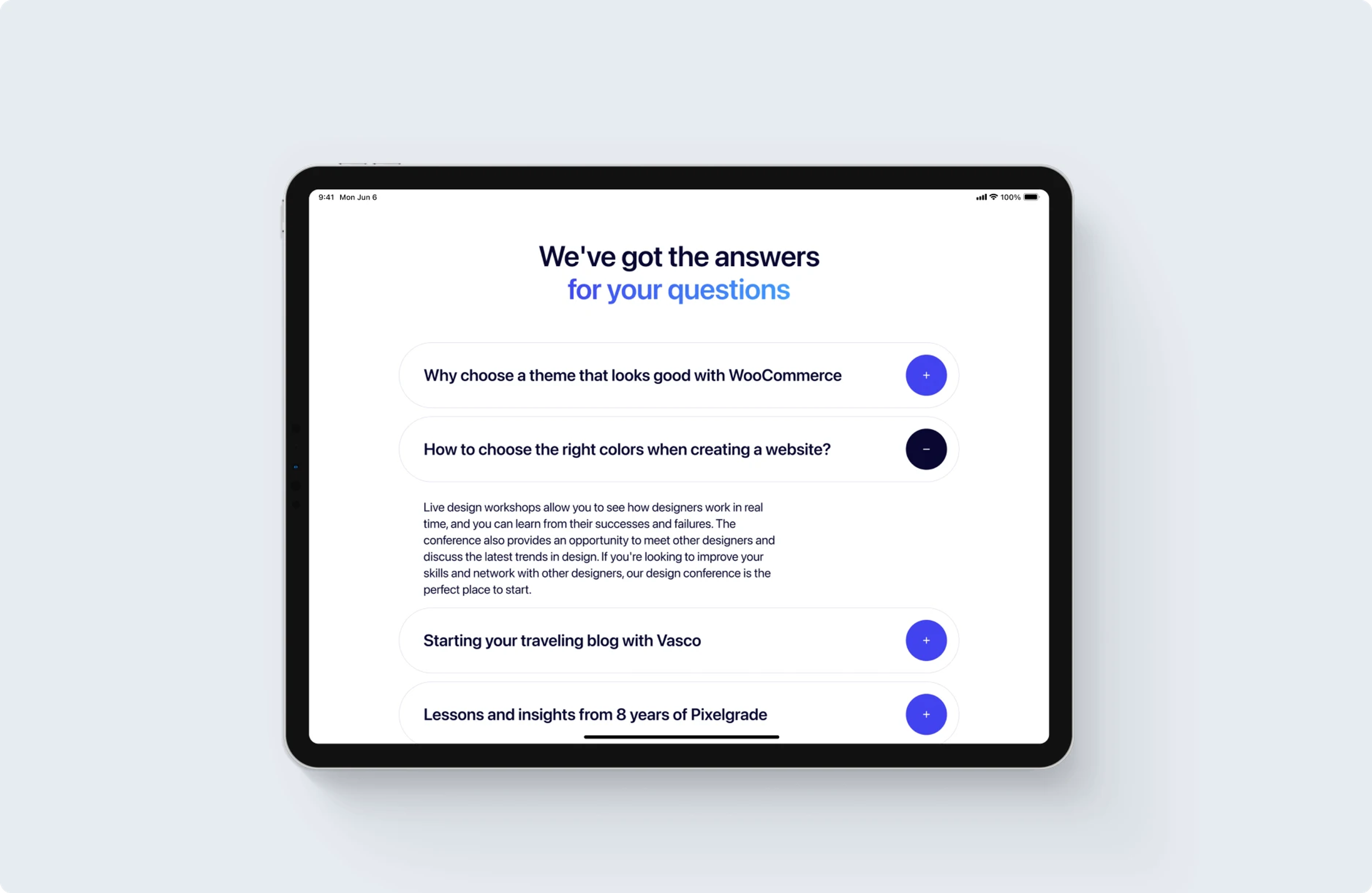Synchronize FAQ section 'We've got the answers for your questions' on a tablet
