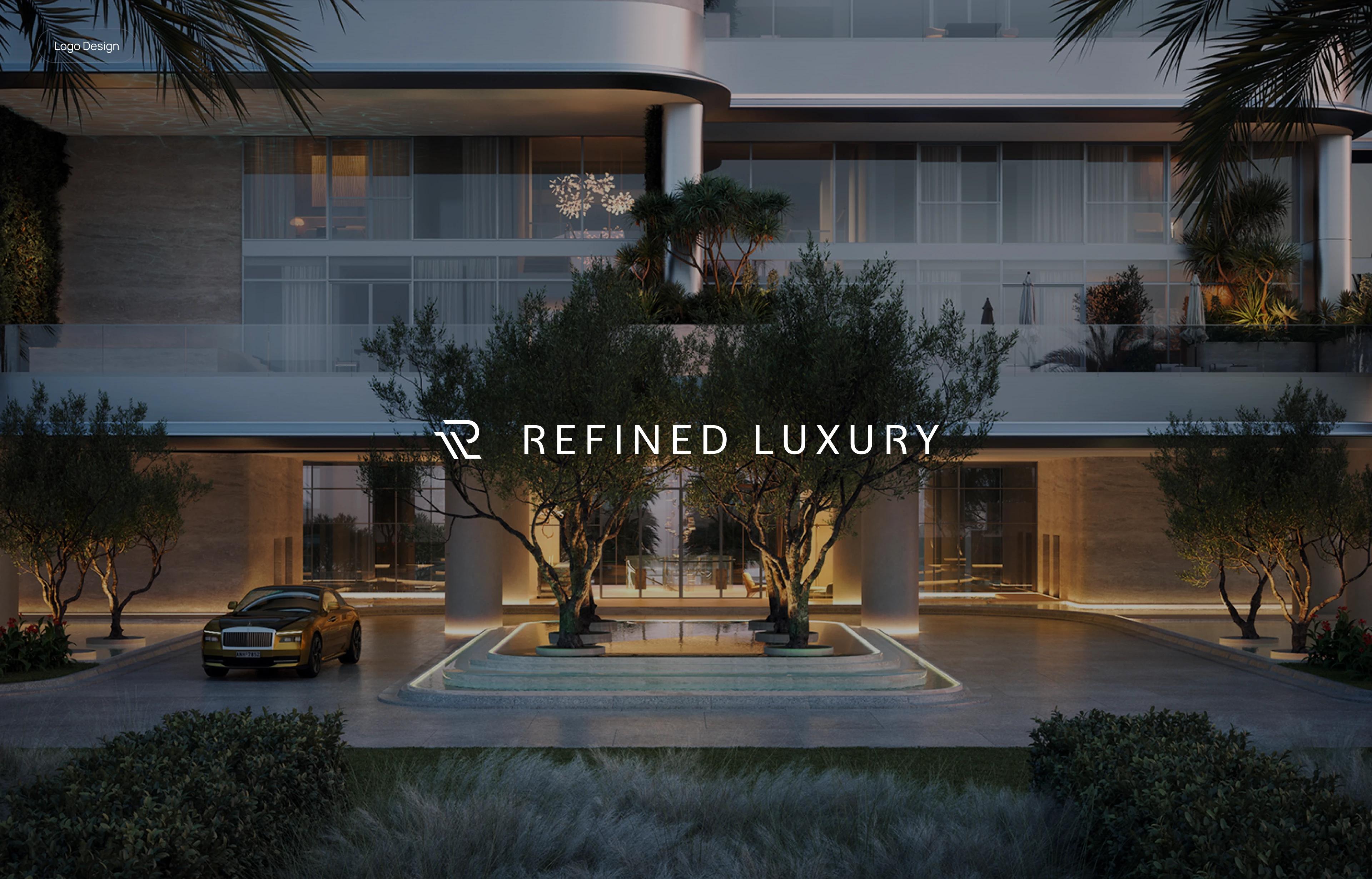Refined Luxury logo on a luxury residence facade at dusk with a fountain driveway