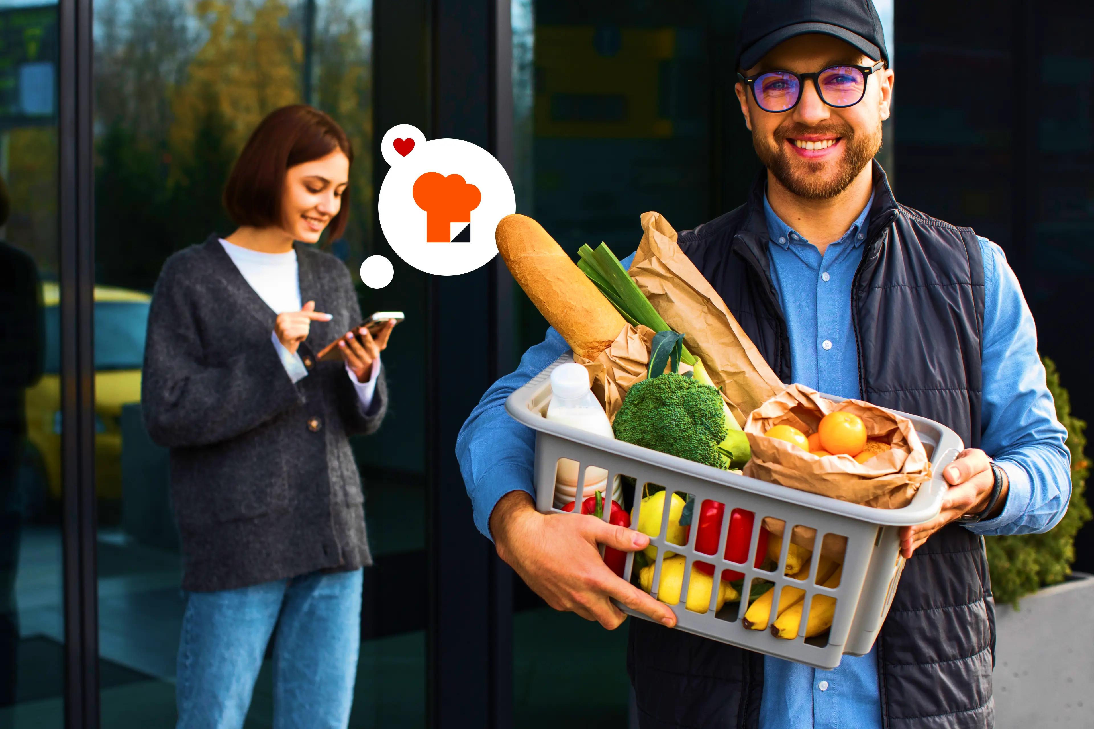 ChefsList hero photo: smiling courier holding a basket of groceries, a woman ordering on her phone behind
