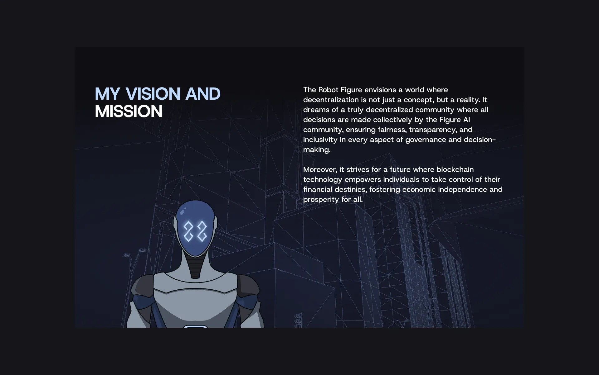 Robot Figure website "My Vision and Mission" section with the mascot against a wireframe city