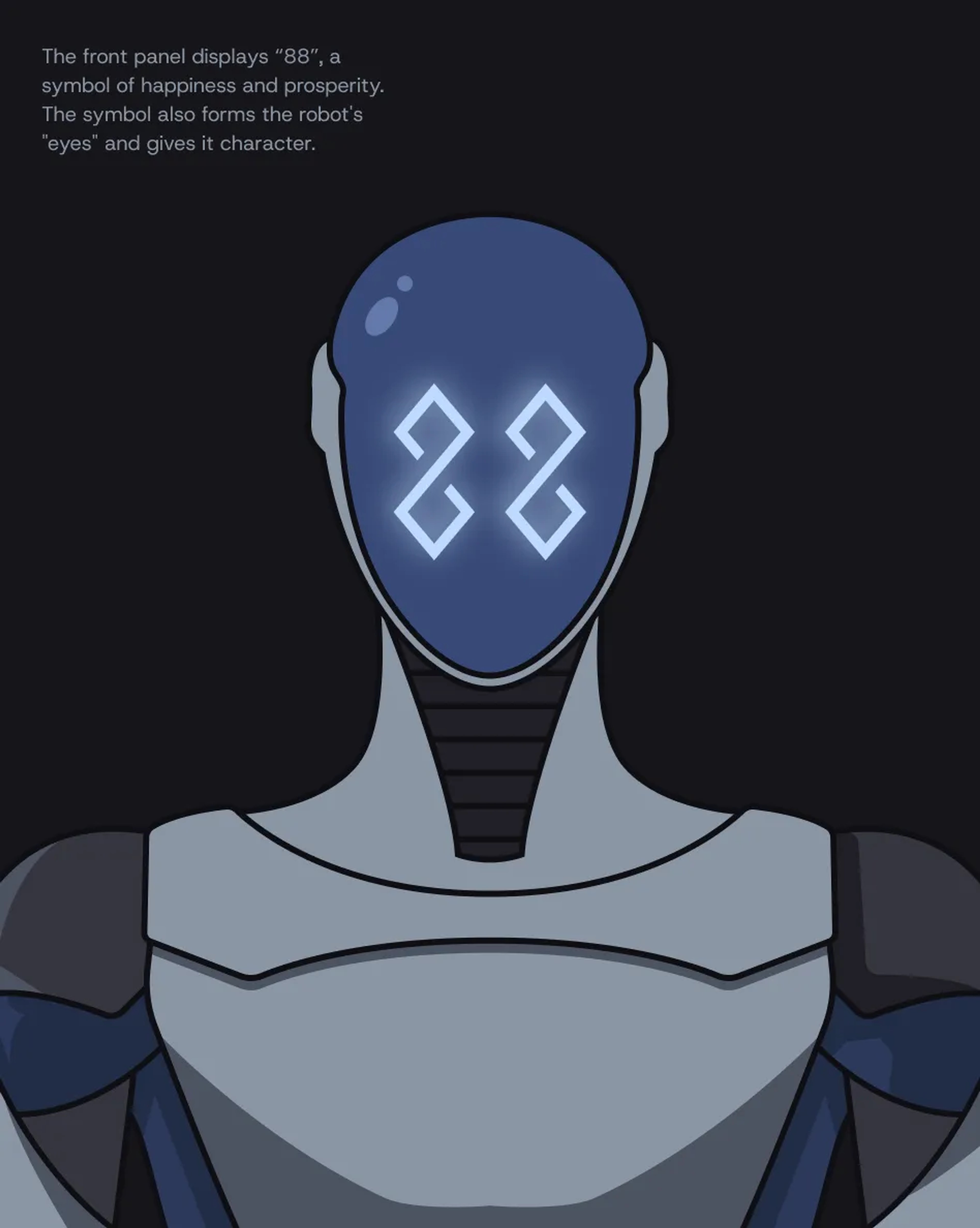 Robot Figure mascot portrait with glowing 88 eyes, the symbol of happiness and prosperity