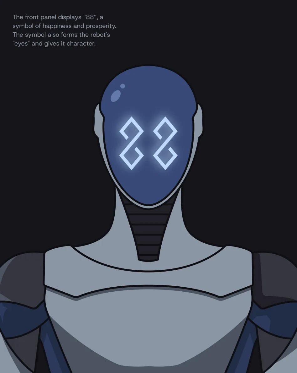 Robot Figure mascot portrait with glowing 88 eyes, the symbol of happiness and prosperity