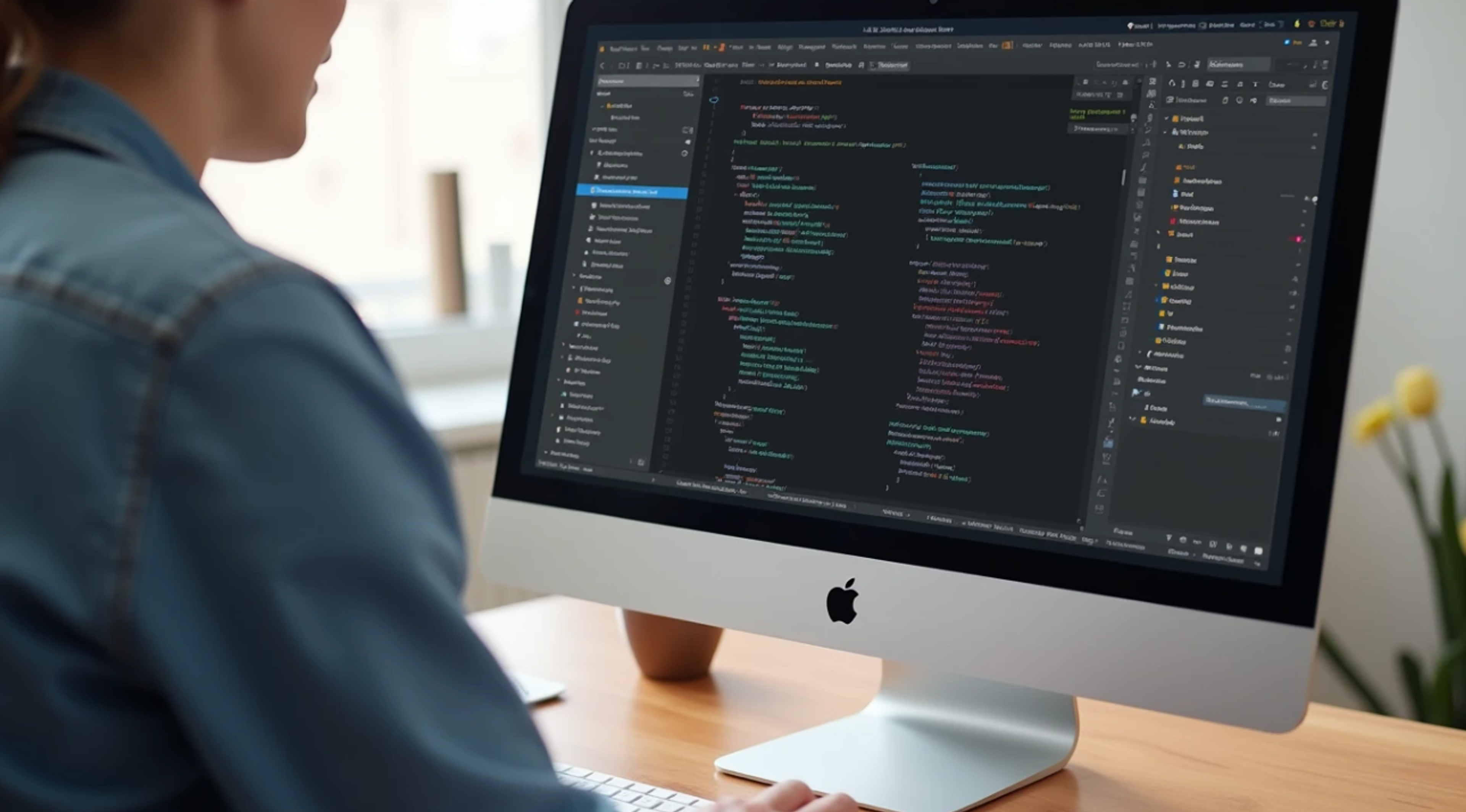Developer viewing website code in an editor on a desktop monitor