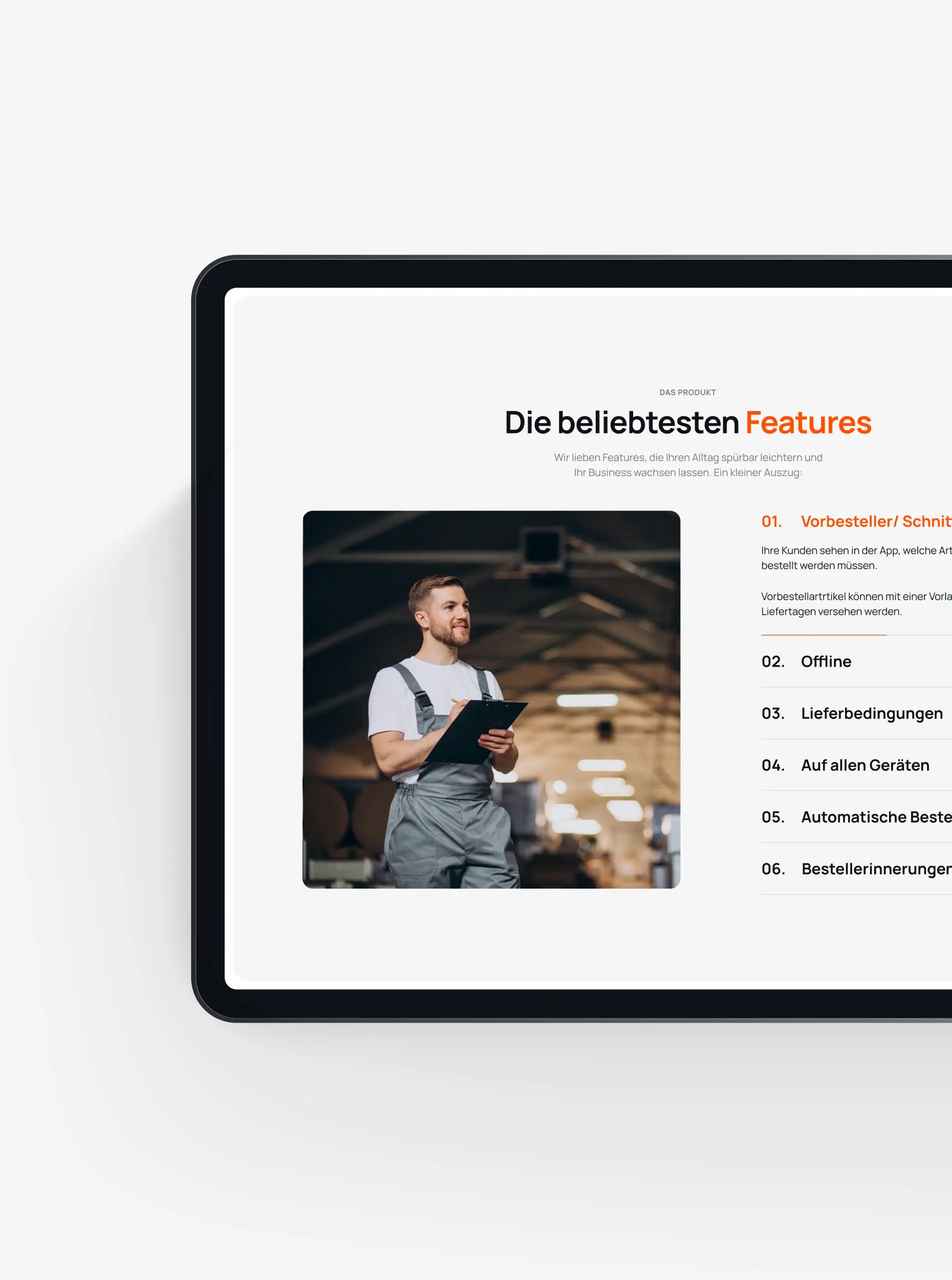 ChefsList website Features section on an iPad, with a worker holding a tablet