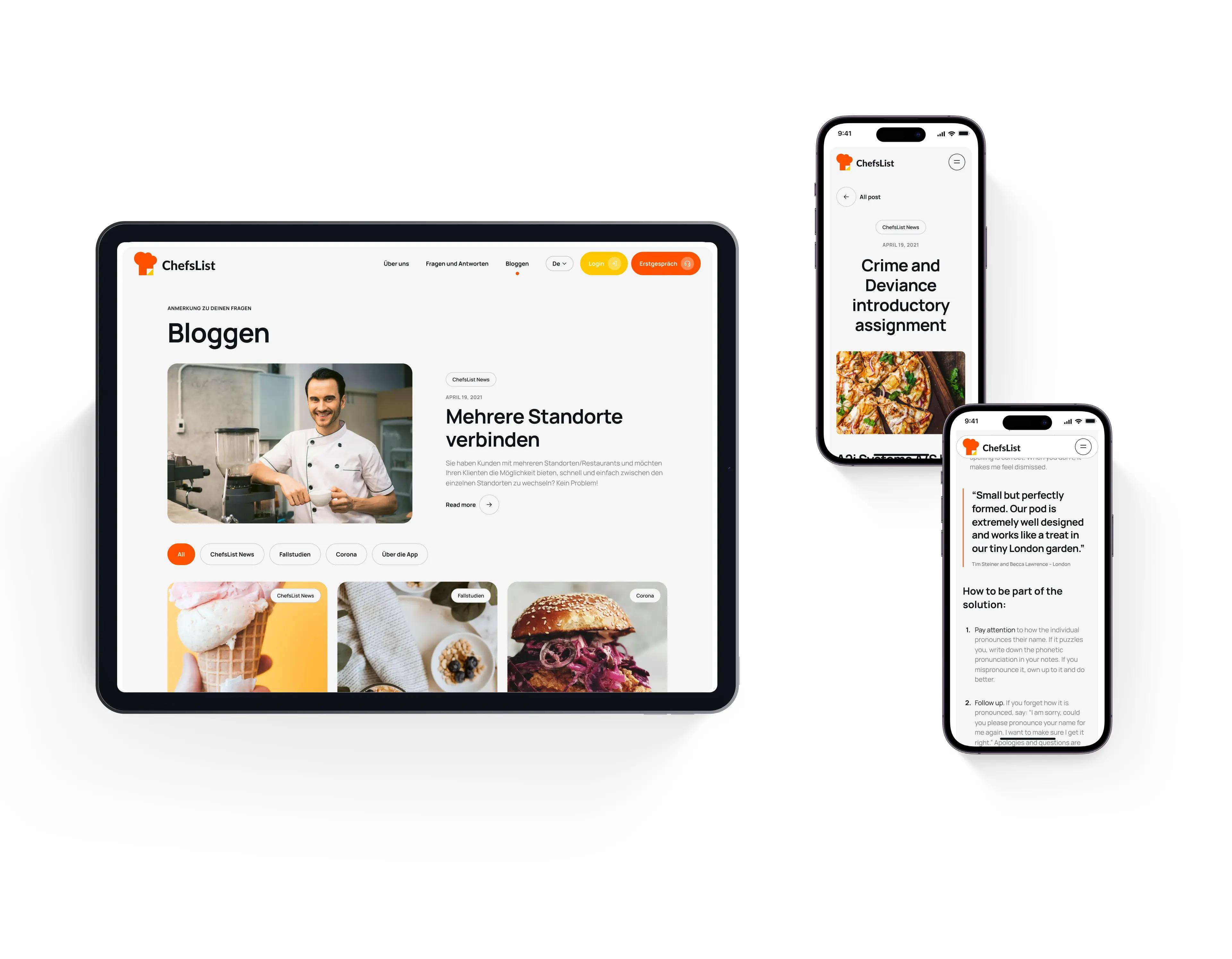 ChefsList blog on an iPad and a blog article on two iPhones