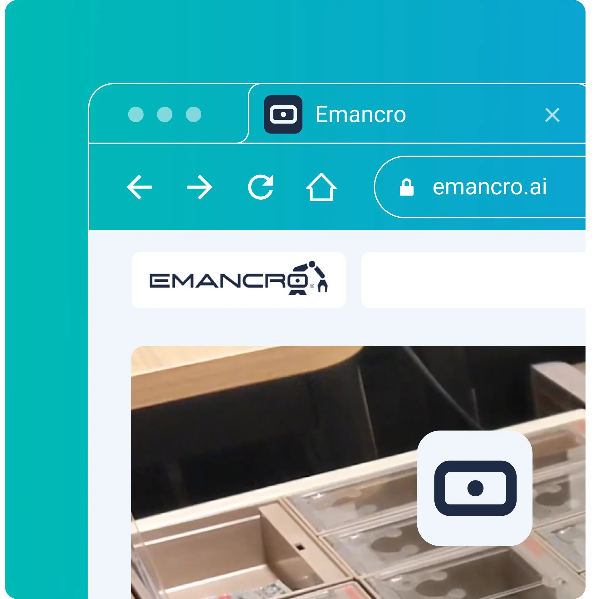 Emancro website on emancro.ai in a browser window, with logo and app icon
