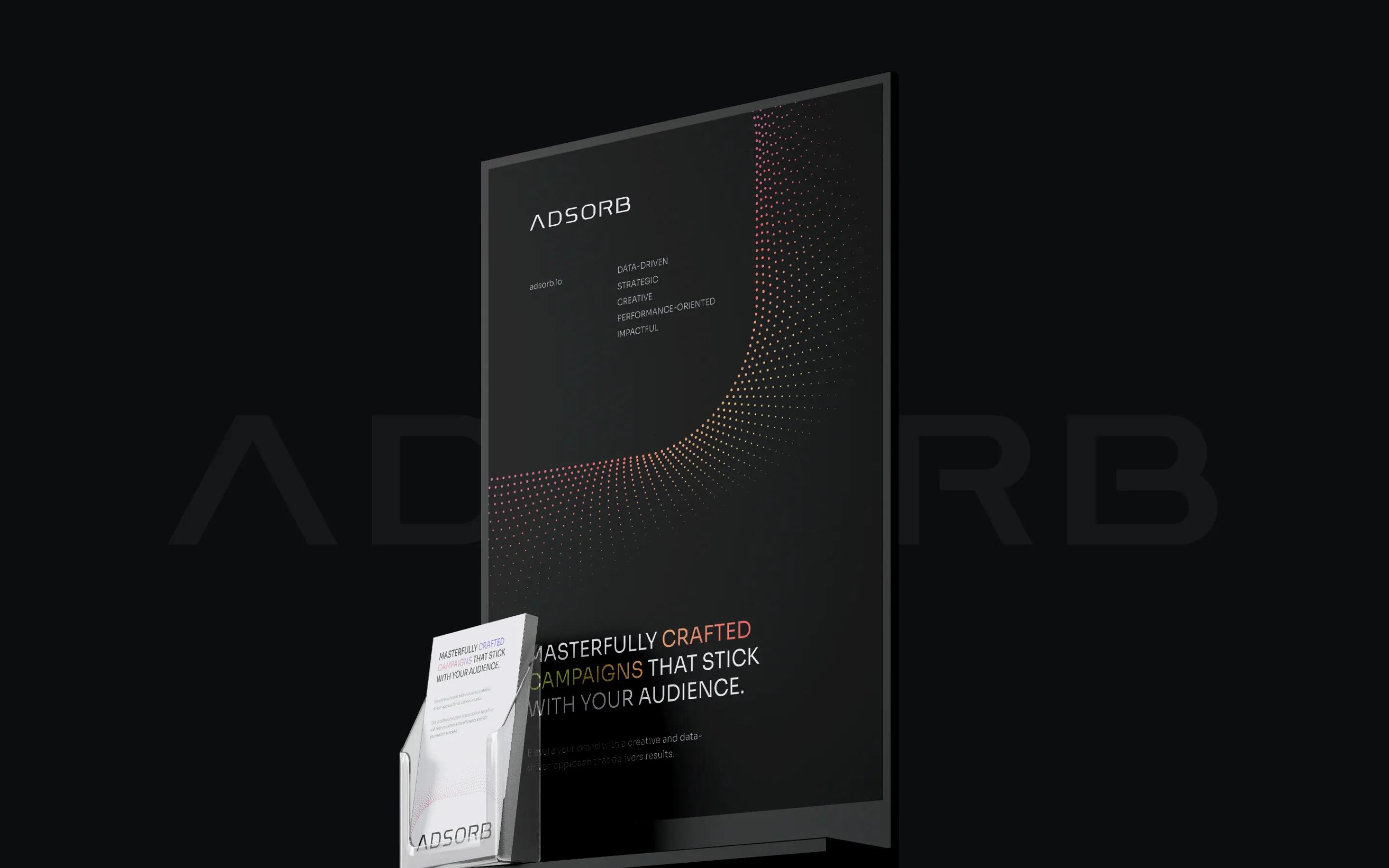 Dark-themed marketing campaign poster design for Adsorb with dotted gradient pattern