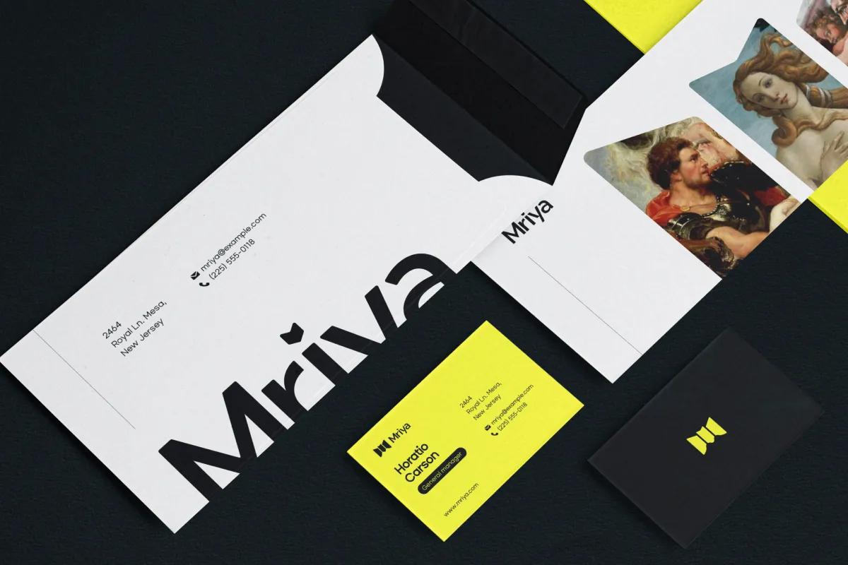 Mriya brand stationery: envelope, letterhead and yellow and black business cards