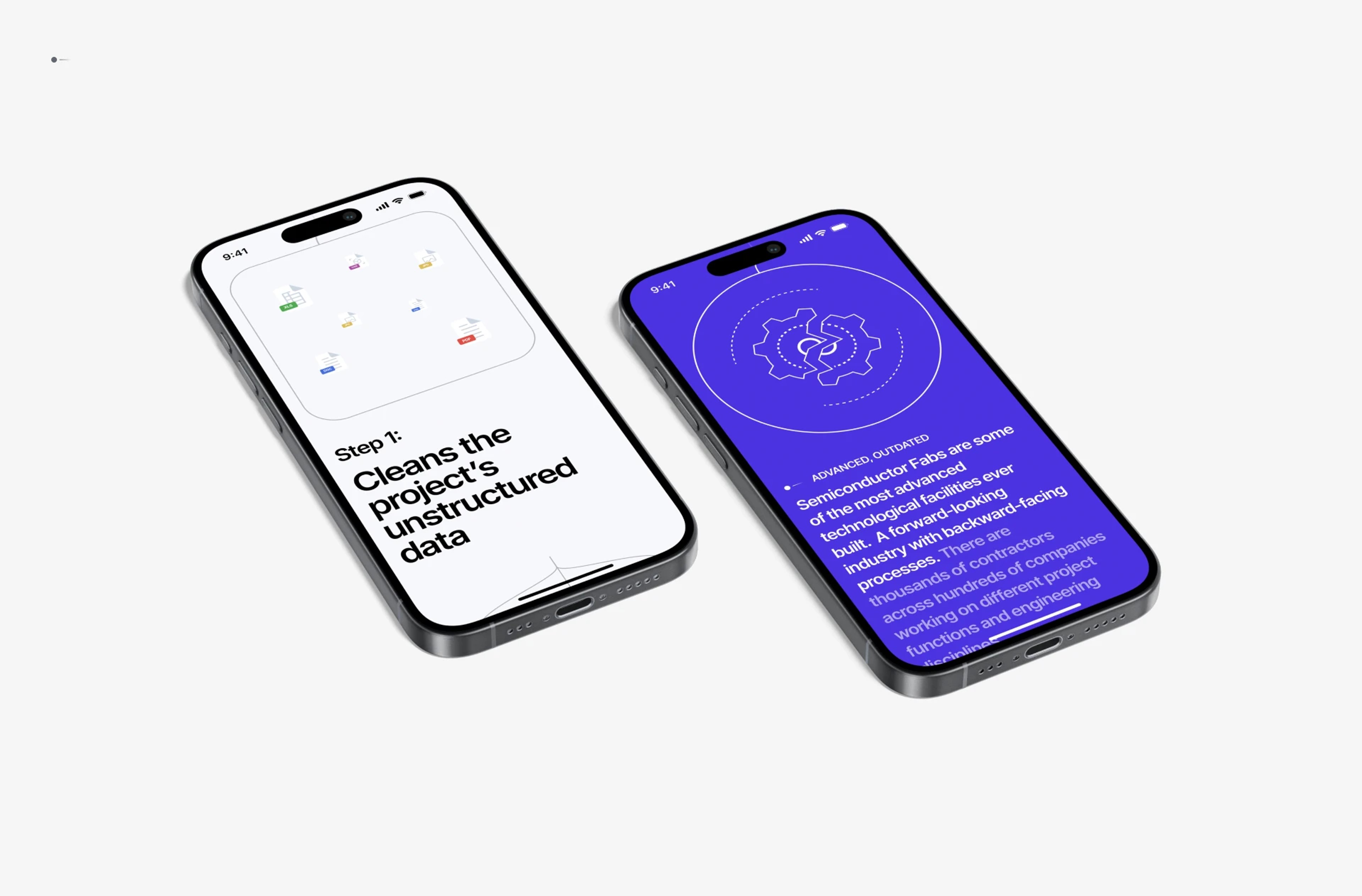 Basesite mobile screens on two phones: "Step 1: Cleans the project's unstructured data" and fab industry intro