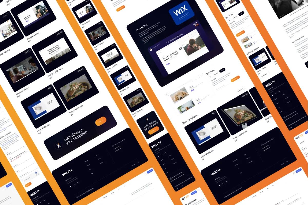 Wix Fix template store pages with template cards and dark footer on an orange background