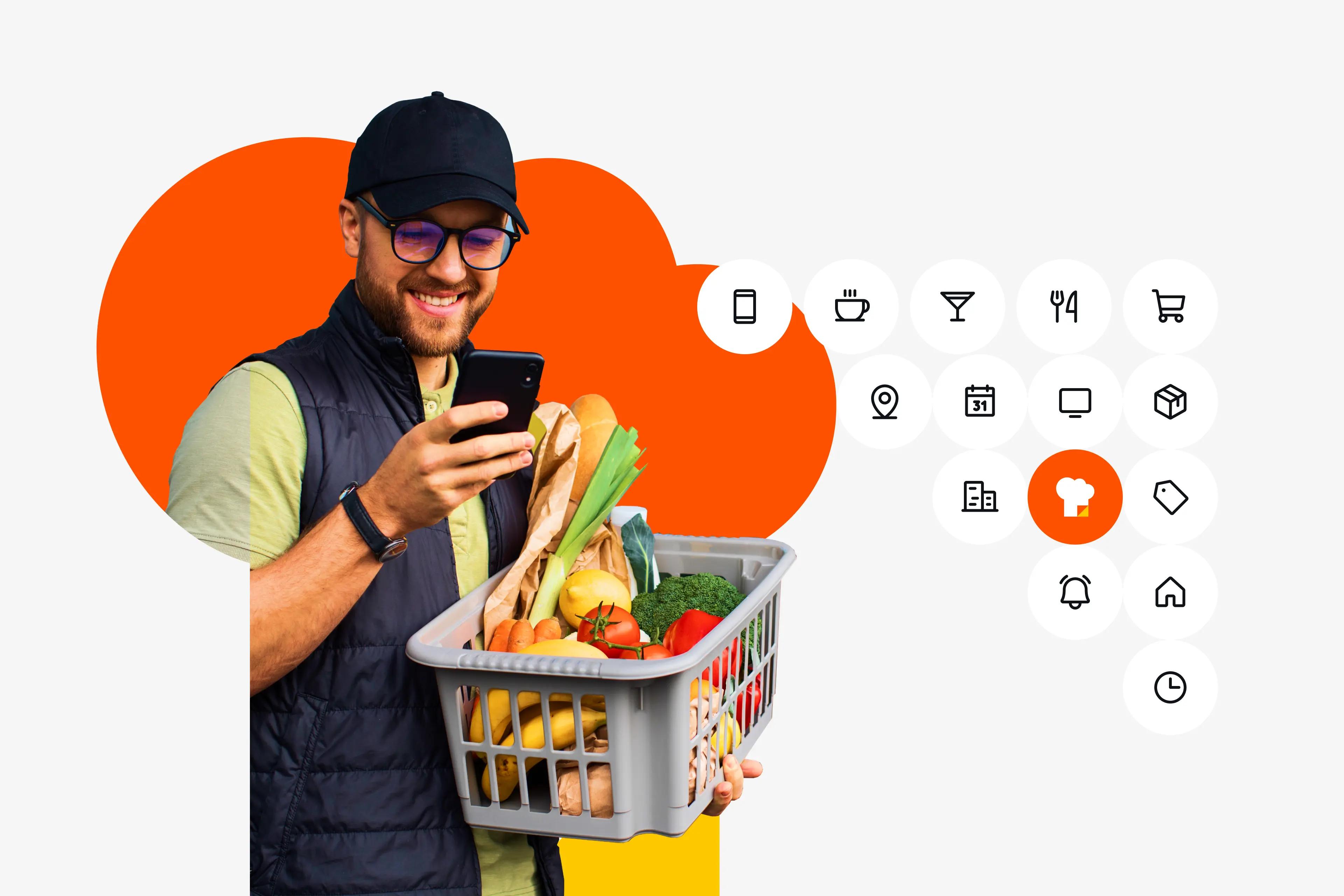 ChefsList brand visual: man with a grocery basket using his phone beside a grid of app icons