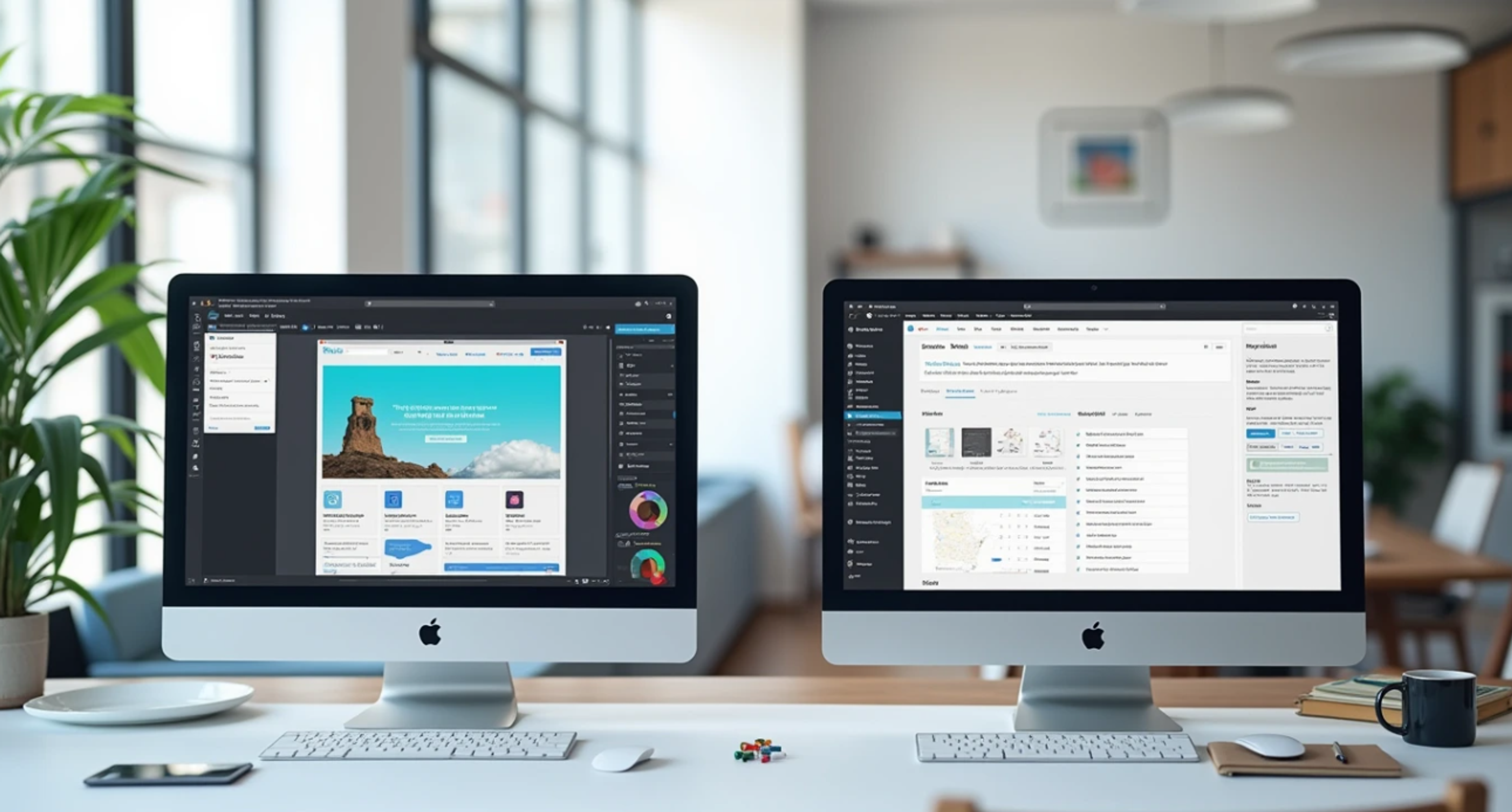 Two monitors comparing the Webflow Designer and the WordPress editor